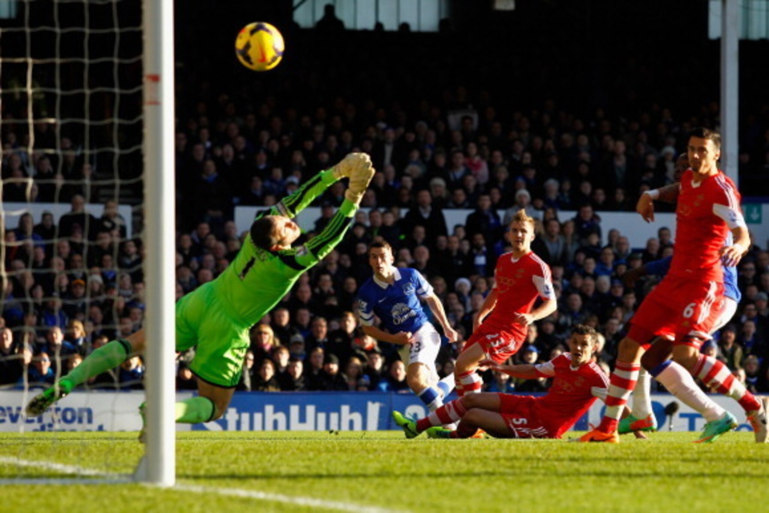 LIVERPOOL, ENGLAND - DECEMBER 29:  Seamus Coleman of Everton scores the opening goal during the Barclays Premier League match between Everton and Southampton at Goodison Park on December 29, 2013 in Liverpool, England.  (Photo by Paul Thomas/Getty Images)