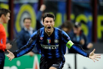 MILAN, ITALY - OCTOBER 20:  Javier Zanetti of FC Internazionale Milano celebrates scoring the first goal during the UEFA Champions League group A match between FC Internazionale Milano and Tottenham Hotspur at Stadio Giuseppe Meazza on October 20, 2010 in