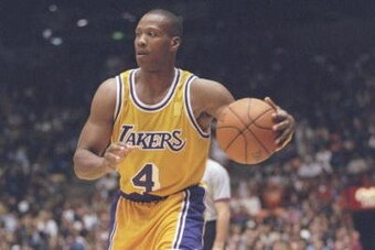3 Dec 1996:  Guard Byron Scott of the Los Angeles Lakers dribbles the ball down the court during a game against the Seattle Supersonics at the Great Western Forum in Inglewood, California.  The Lakers won the game 110-106. Mandatory Credit: Stephen Dunn  