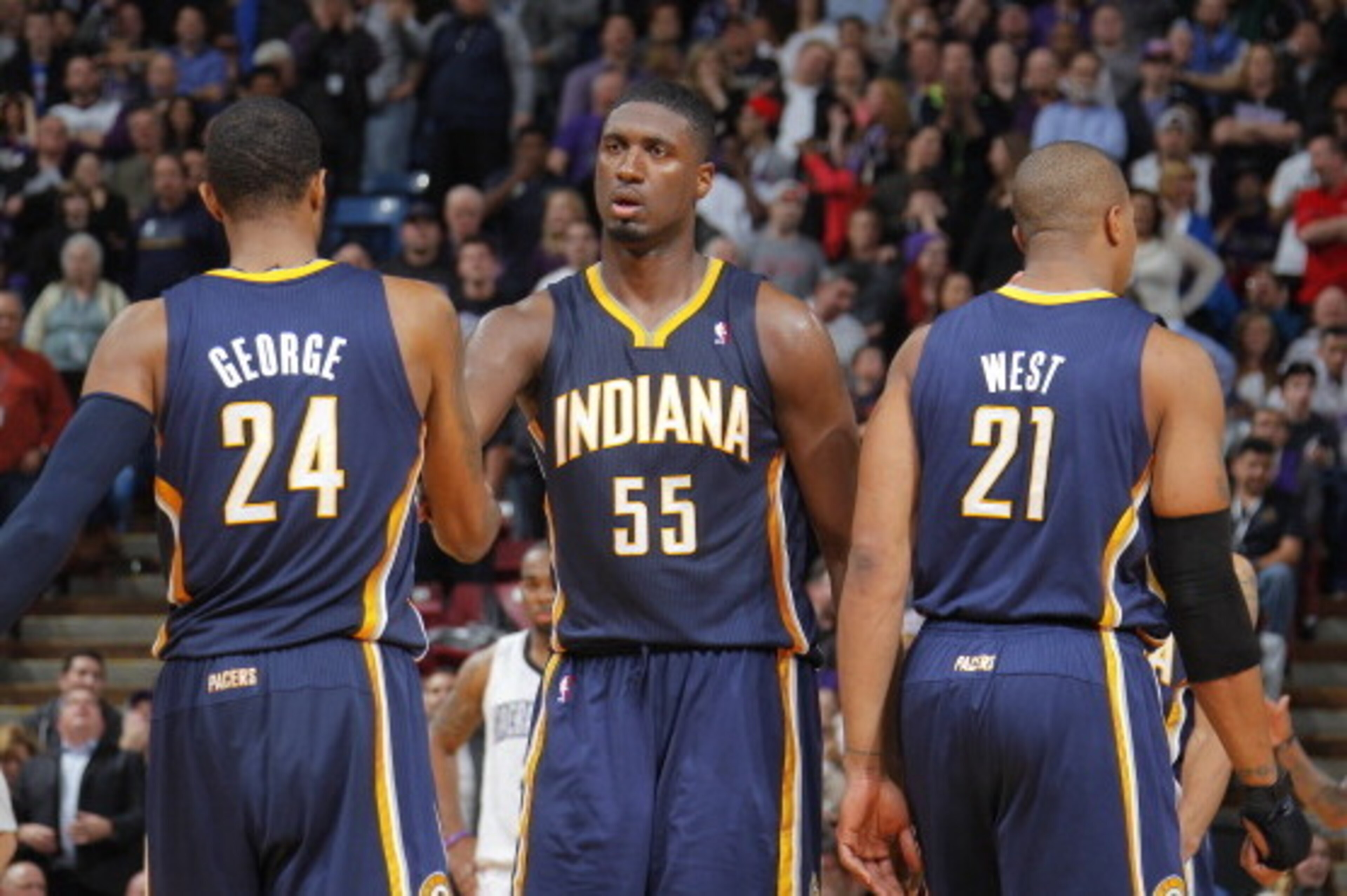 SACRAMENTO, CA - JANUARY 24: Paul George #24, Roy Hibbert #55 and David West #21 of the Indiana Pacers in a game against the Sacramento Kings on January 24, 2014 at Sleep Train Arena in Sacramento, California. NOTE TO USER: User expressly acknowledges and