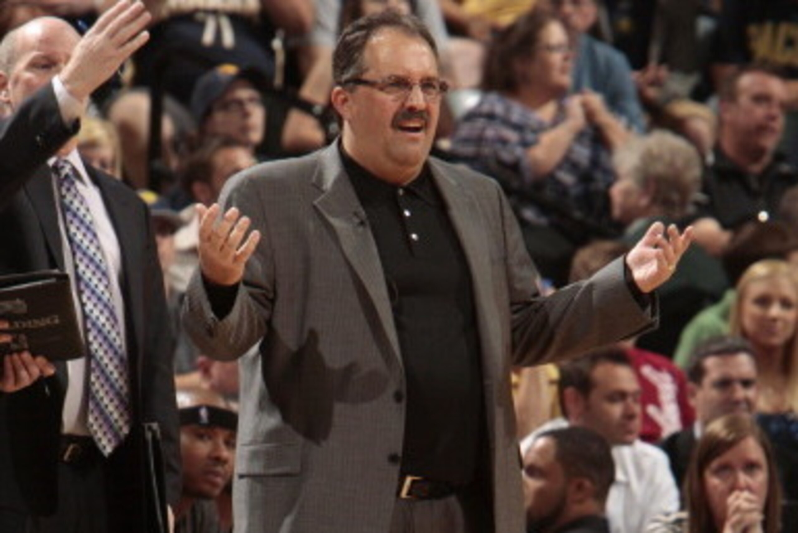 INDIANAPOLIS, IN - MAY 8:  Head Coach Stan Van Gundy of the Orlando Magic reacts during Game Five of the Eastern Conference Quarterfinals between the Indiana Pacers and the Orlando Magic during the 2012 NBA Playoffs on May 8, 2012 at Bankers Life Fieldhou