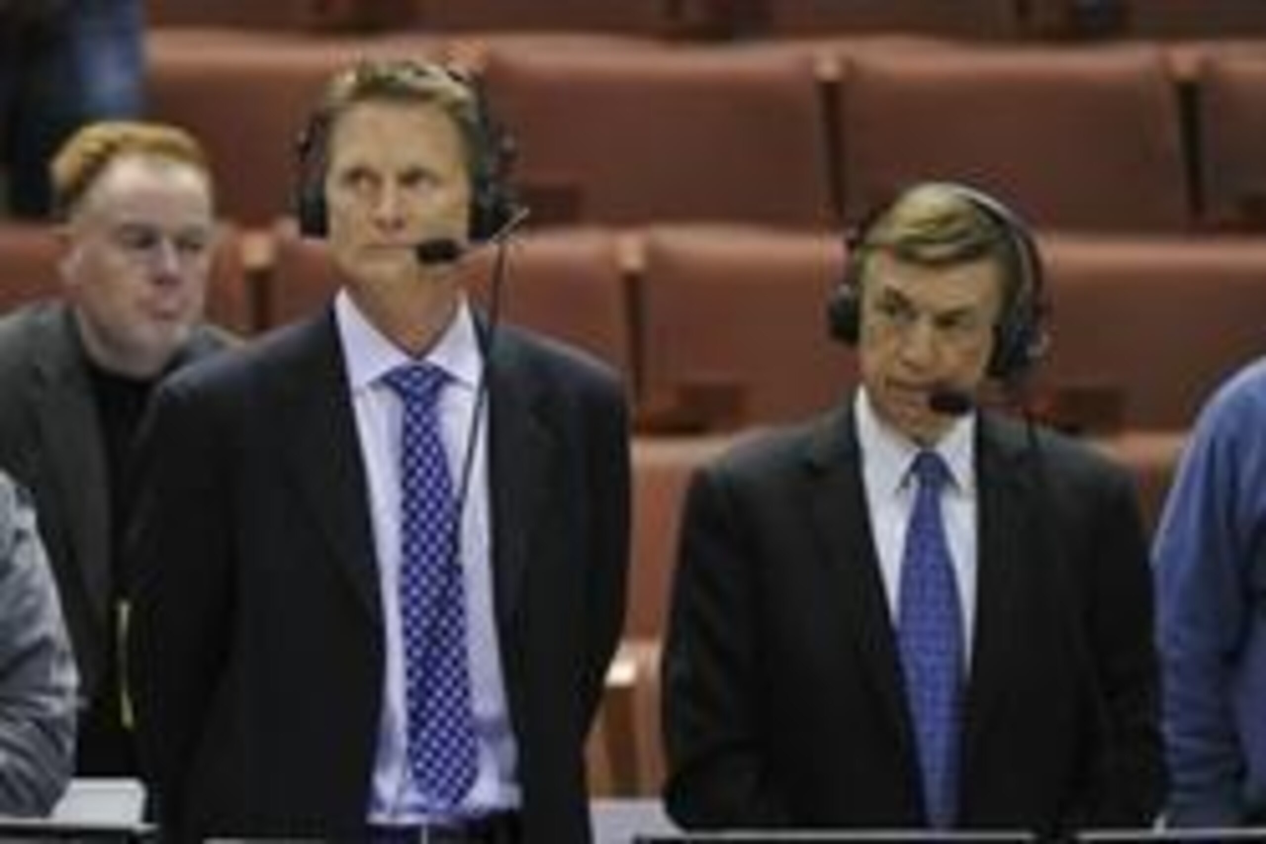 Mar 27, 2014; Anaheim, CA, USA; TV announcers Steve Kerr (left) and Marv Albert (right) announce before the semifinals of the west regional of the 2014 NCAA Mens Basketball Championship tournament between the Wisconsin Badgers and the Baylor Bears at Hond