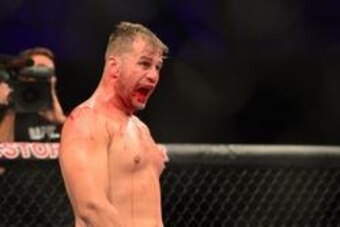 Oct 9, 2013; Barueri, Sao Paulo, Brazil; Fabio Maldonado (black shorts) reacts during his fight against Joey Beltran (not pictured) during UFC Fight Night 29 at Jose Correa Arena. Mandatory Credit: Jason Silva-USA TODAY Sports