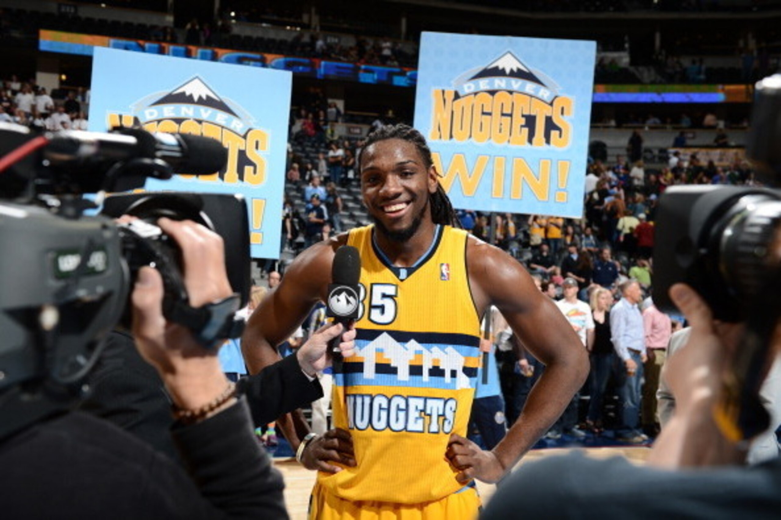 DENVER, CO - APRIL 12:  Kenneth Faried #35 of the Denver Nuggets answers questions after the game against the Utah Jazz on April 12, 2014 at the Pepsi Center in Denver, Colorado. NOTE TO USER: User expressly acknowledges and agrees that, by downloading an