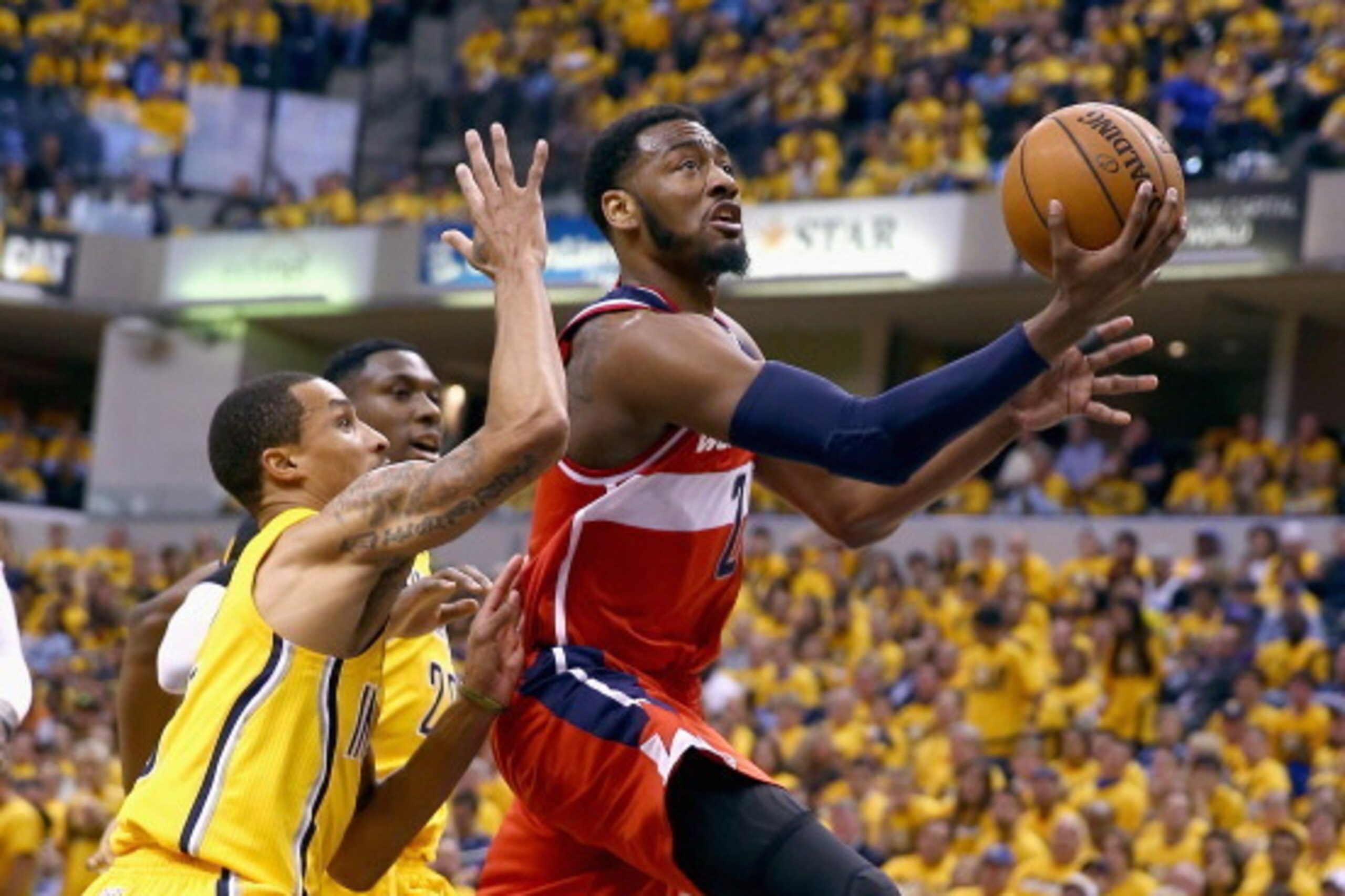 INDIANAPOLIS, IN - MAY 05:  John Wall #2 of the Washington Wizards shoots the ball against the Indiana Pacers  in Game 1 of the Eastern Conference Semifinals during the 2014 NBA Playoffs at Bankers Life Fieldhouse on May 5, 2014 in Indianapolis, Indiana. 