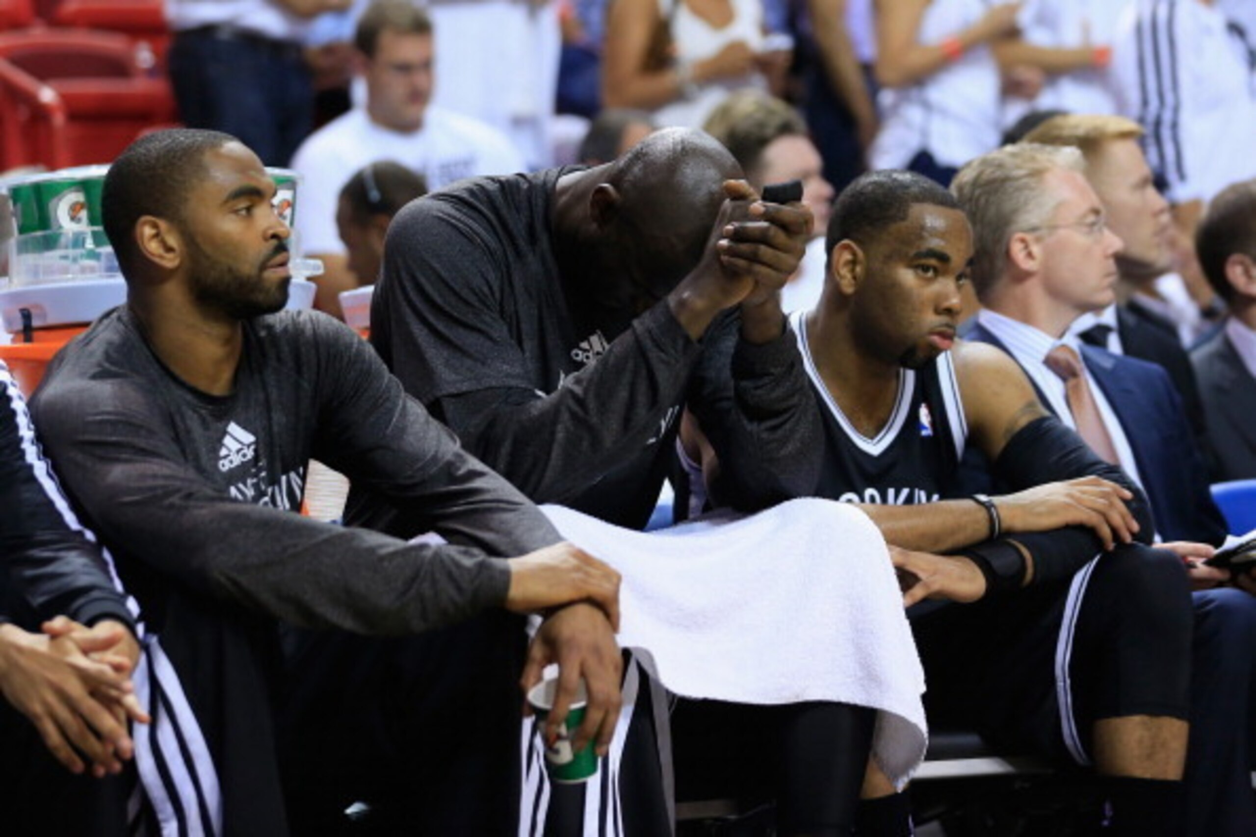 MIAMI, FL - MAY 08: Kevin Garnett #2 of the Brooklyn Nets sits dejected on the bench during the fourth quarter of Game Two of the Eastern Conference Semifinals of the 2014 NBA Playoffs at American Airlines Arena on May 8, 2014 in Miami, Florida. NOTE TO U