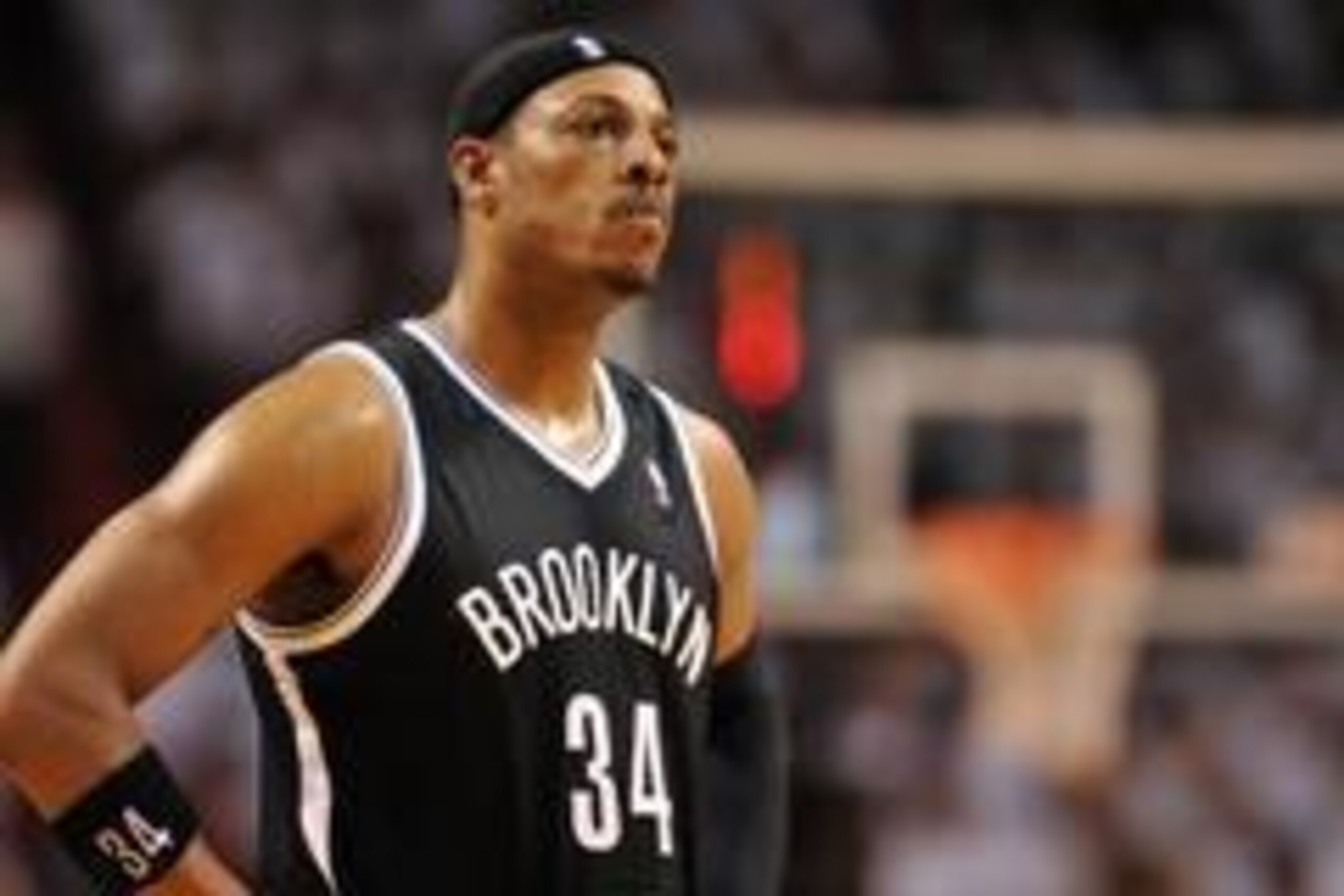 May 8, 2014; Miami, FL, USA; Brooklyn Nets forward Paul Pierce (34) takes a breather during the second half in game two of the second round of the 2014 NBA Playoffs against the Miami Heat at American Airlines Arena. Miami won 94-82. Mandatory Credit: Stev