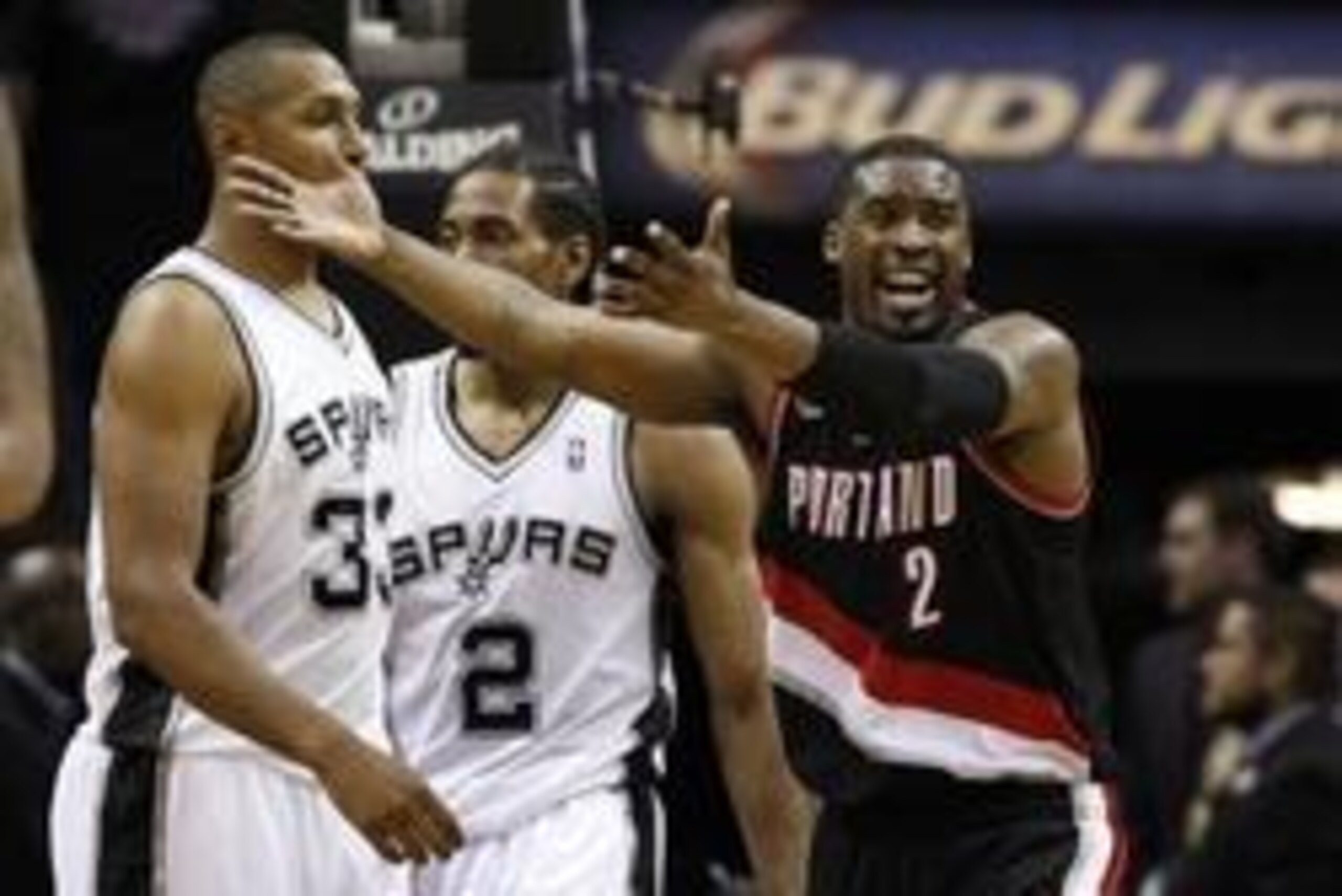 May 6, 2014; San Antonio, TX, USA; Portland Trail Blazers guard Wesley Matthews (2) reacts to a call against the San Antonio Spurs in game one of the second round of the 2014 NBA Playoffs at AT&T Center. The Spurs won 116-92. Mandatory Credit: Soobum Im-U