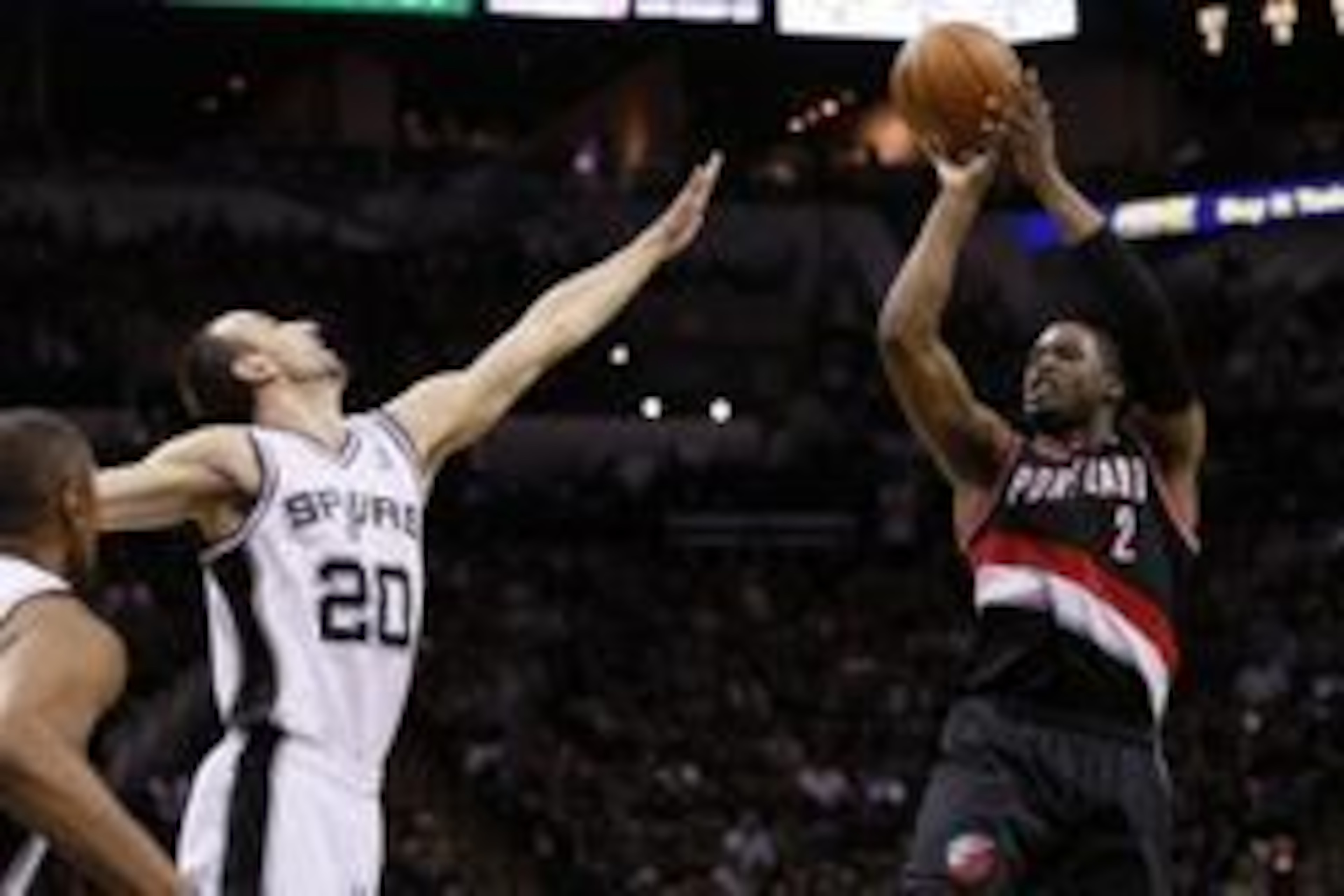May 8, 2014; San Antonio, TX, USA; Portland Trail Blazers guard Wesley Matthews (2) shoots the ball as San Antonio Spurs guard Manu Ginobili (20) defends in game two of the second round of the 2014 NBA Playoffs at AT&T Center. Mandatory Credit: Soobum Im-