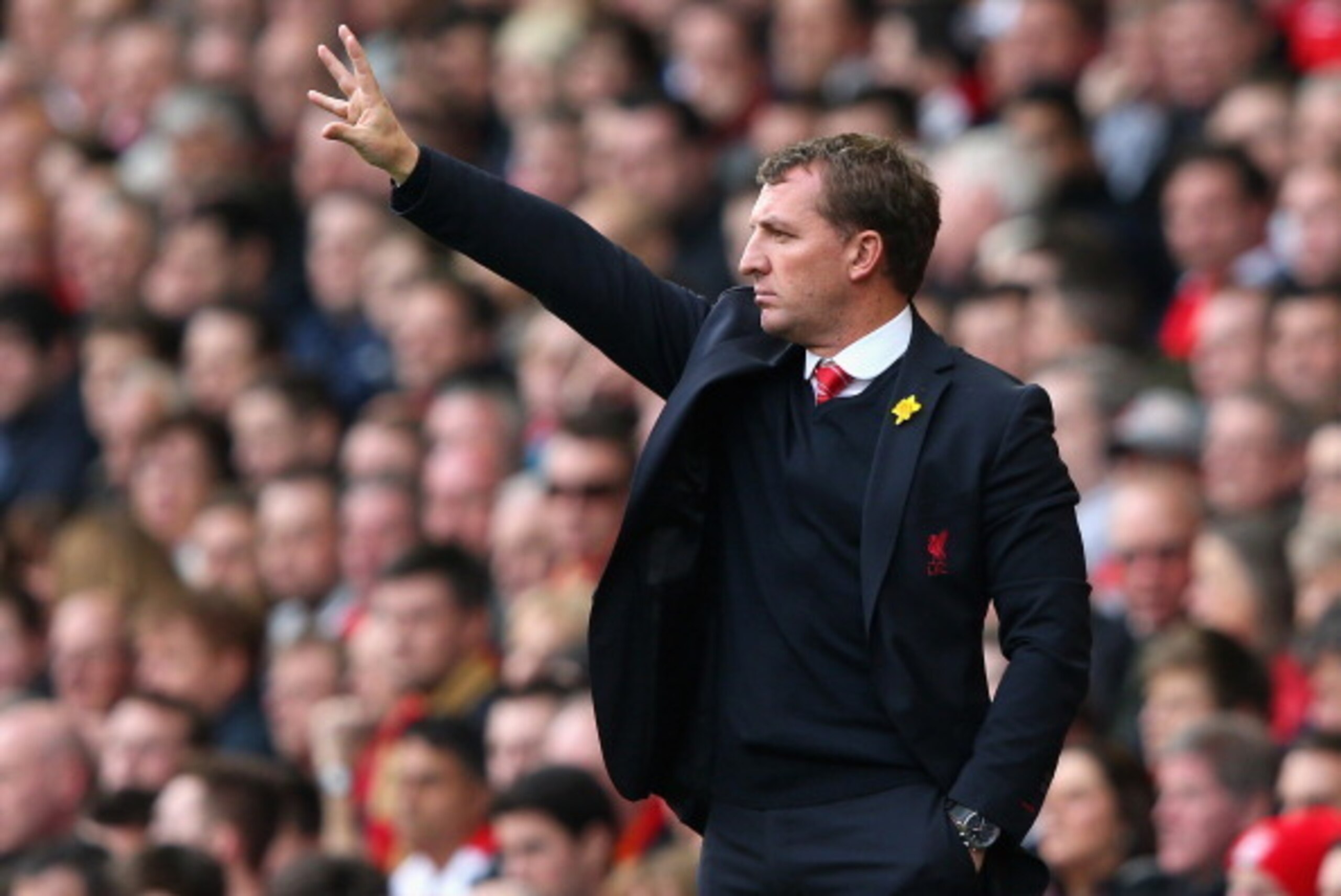 LIVERPOOL, ENGLAND - MARCH 30:  Liverpool Manager Brendan Rodgers gestures during the Barclays Premier League match between Liverpool and Tottenham Hotspur at Anfield on March 30, 2014 in Liverpool, England.  (Photo by Alex Livesey/Getty Images)