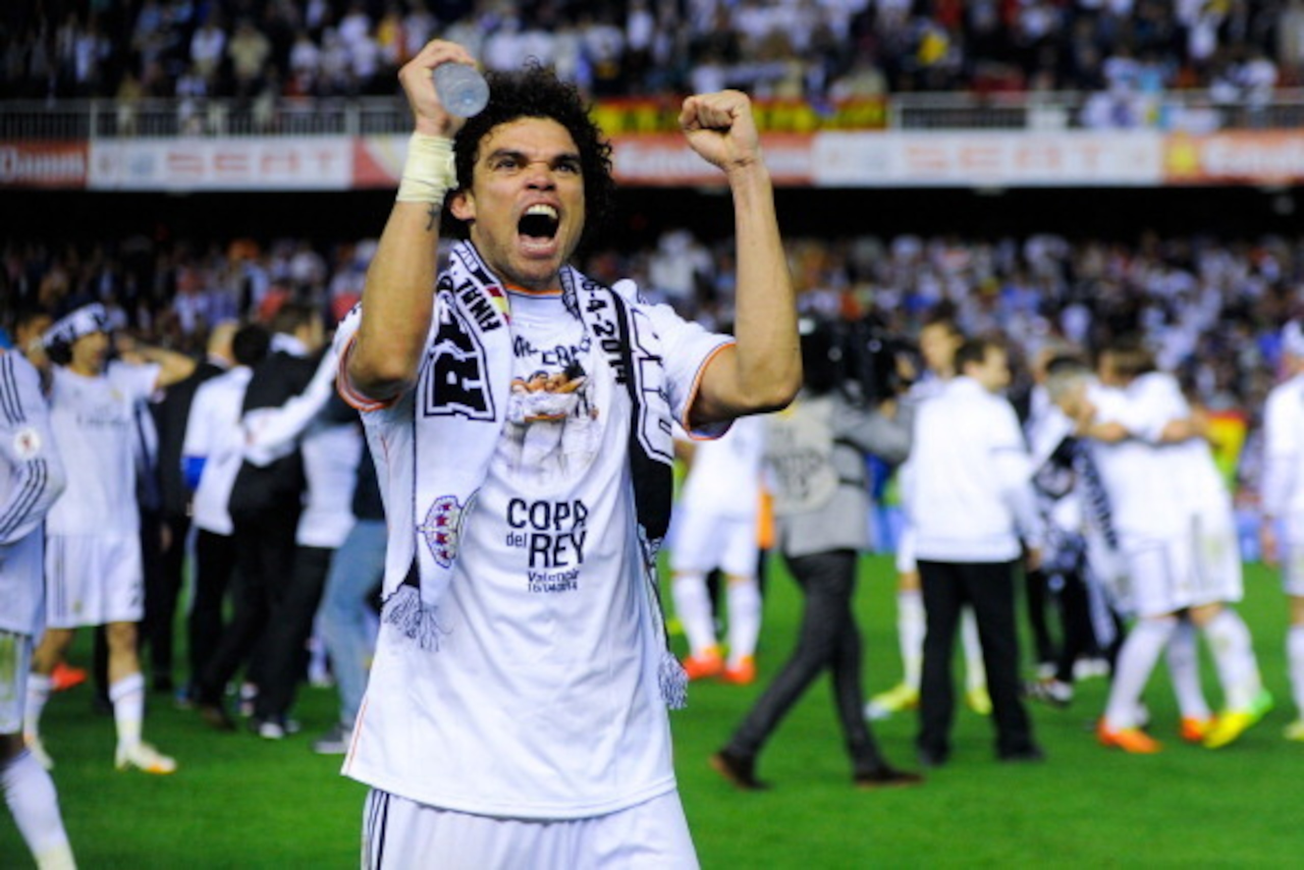 VALENCIA, SPAIN - APRIL 16:  Pepe of Real Madrid CF celebrates after winning the Copa del Rey Final between Real Madrid and FC Barcelona at Estadio Mestalla on April 16, 2014 in Valencia, Spain.  (Photo by David Ramos/Getty Images)