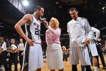 SAN ANTONIO, TX - JUNE 16: Manu Ginobili #20 and Danny Green #4 of the San Antonio Spurs talks to Doris Burke of ESPN after the game against the Miami Heat in Game Five of the 2013 NBA Finals on June 16, 2013 at AT&T Center in San Antonio, Texas.NOTE TO U