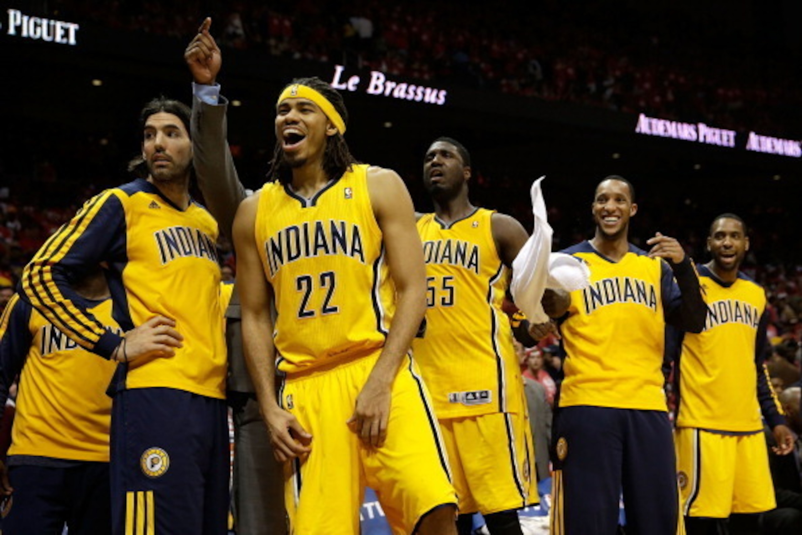 ATLANTA, GA - MAY 01:    (L-R) Forward Luis Scola #4, Chris Copeland #22, center Roy Hibbert #55, forward Evan Turner #12 and guard Rasaul Butler #8 of the Indiana Pacers react to the crowd at the end of Game 6 of the Eastern Conference Quarterfinals agai