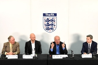 LONDON, ENGLAND - MAY 8: (L-R) Howard Wilkinson, Danny Mills, Greg Dyke and Greg Demetriou during the FA Chairman's England Commission Press Conference at Wembley Stadium on May 8, 2014 in London, England. (Photo by Tom Dulat/Getty Images)