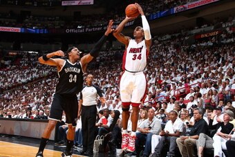 MIAMI, FL - MAY 8: Ray Allen #34 of the Miami Heat shoots the ball against the Brooklyn Nets during Game Two of the Eastern Conference Semifinals of the 2014 NBA playoffs at American Airlines Arena in Miami, Florida on May 8, 2014.  NOTE TO USER: User exp