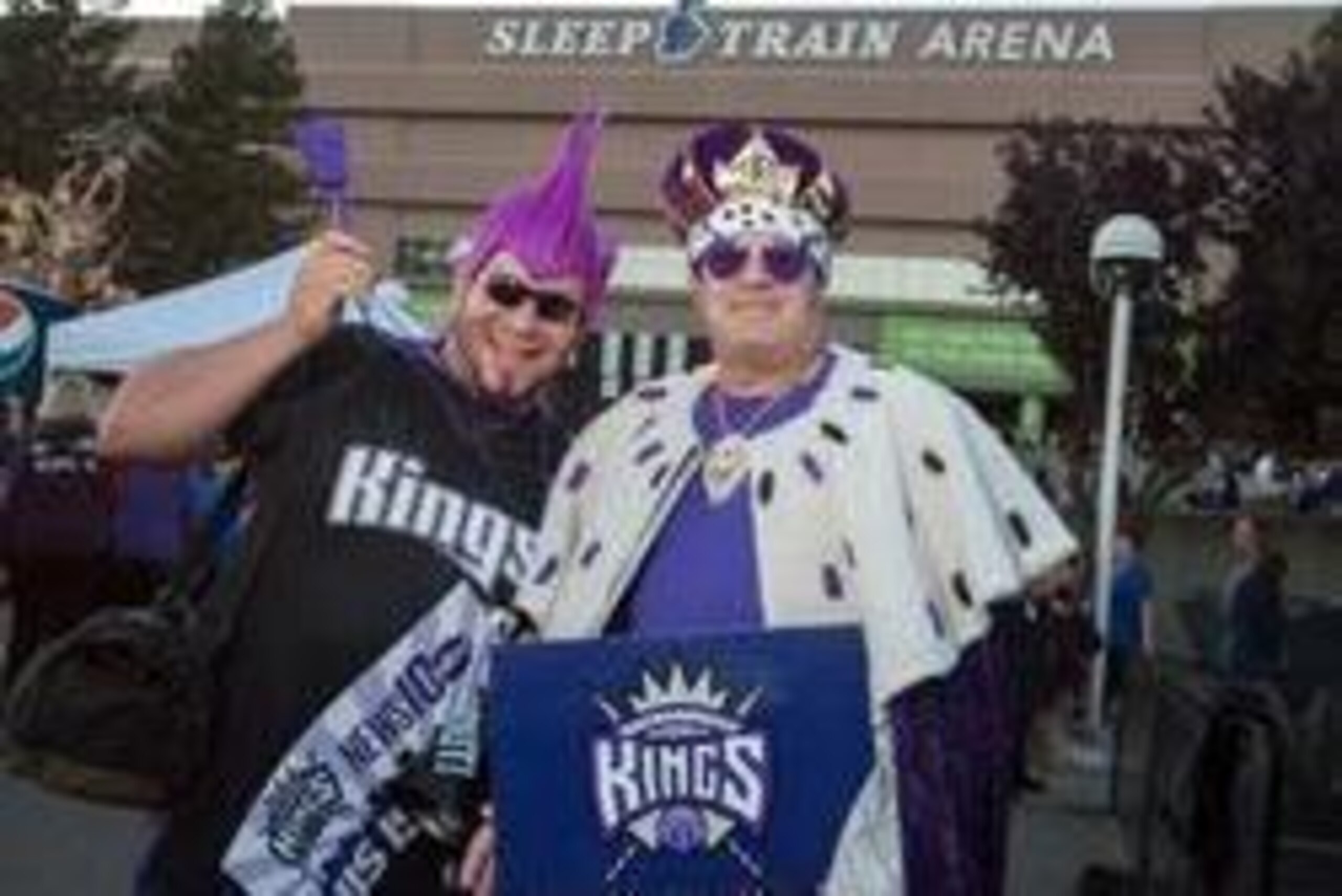 Oct 30, 2013; Sacramento, CA, USA; Sacramento Kings fans Ali Gilani and King Oui Stayid pose for a picture before the game between the Sacramento Kings and Denver Nuggets at Sleep Train Arena. Mandatory Credit: Ed Szczepanski-USA TODAY Sports