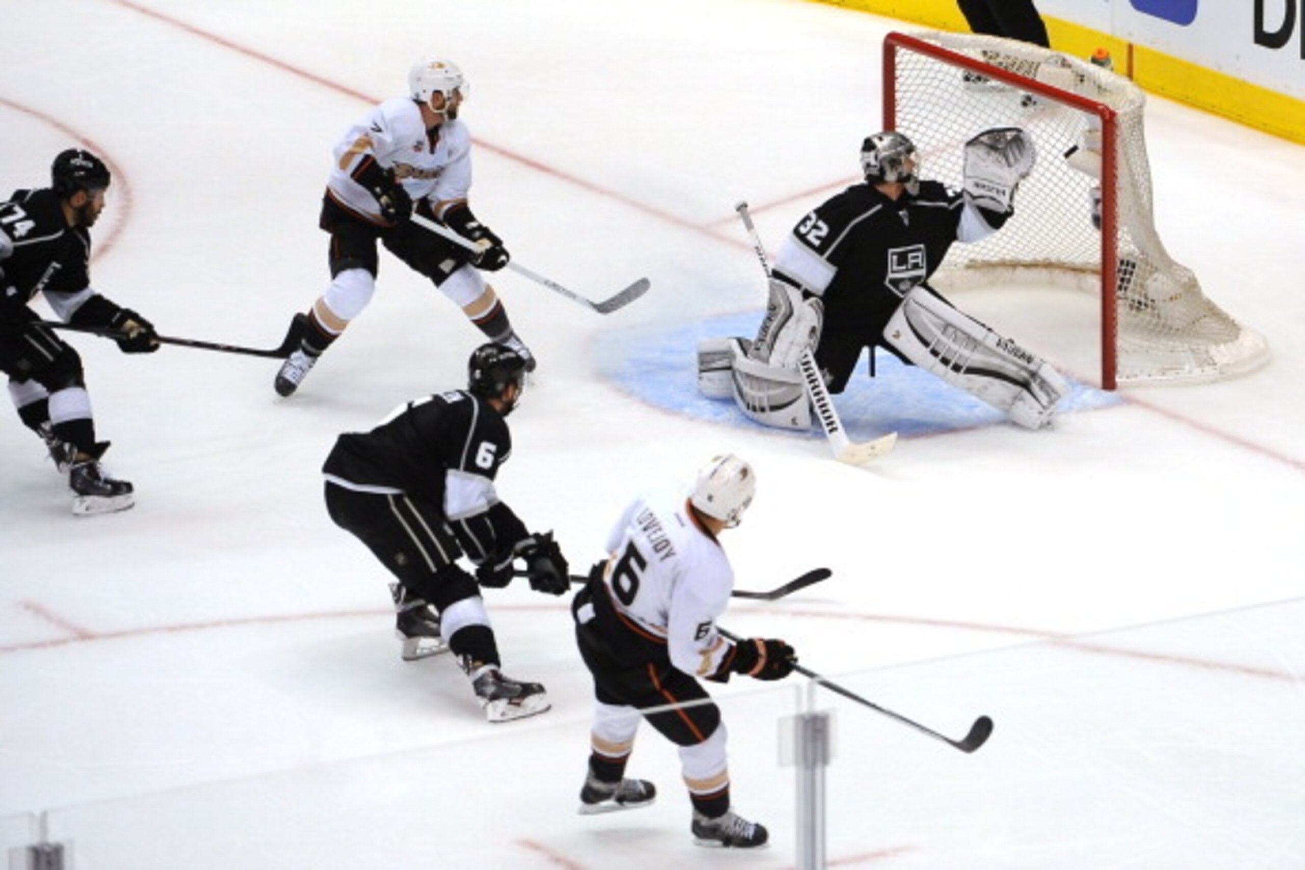 LOS ANGELES, CA - MAY 8:  Ben Lovejoy #6 of the Anaheim Ducks shoots and scores a goal against Jonathan Quick #32 of the Los Angeles Kings in Game Three of the Second Round of the 2014 Stanley Cup Playoffs at Staples Center on May 8, 2014 in Los Angeles, 
