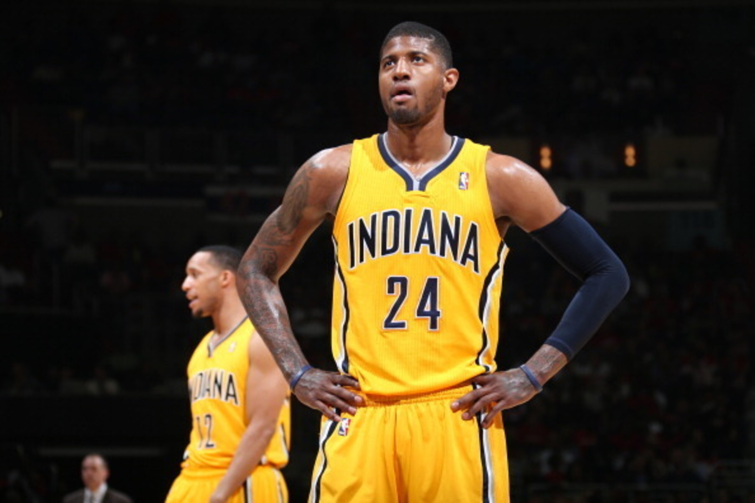 INDIANAPOLIS, IND - MAY 9: Paul George #24 of the Indiana Pacers looks on against the Washington Wizards in Game Three of the Eastern Conference Semi-Finals during the 2014 NBA Playoffs at the Verizon Center on May 9, 2014 in Washington, DC.  NOTE TO USER
