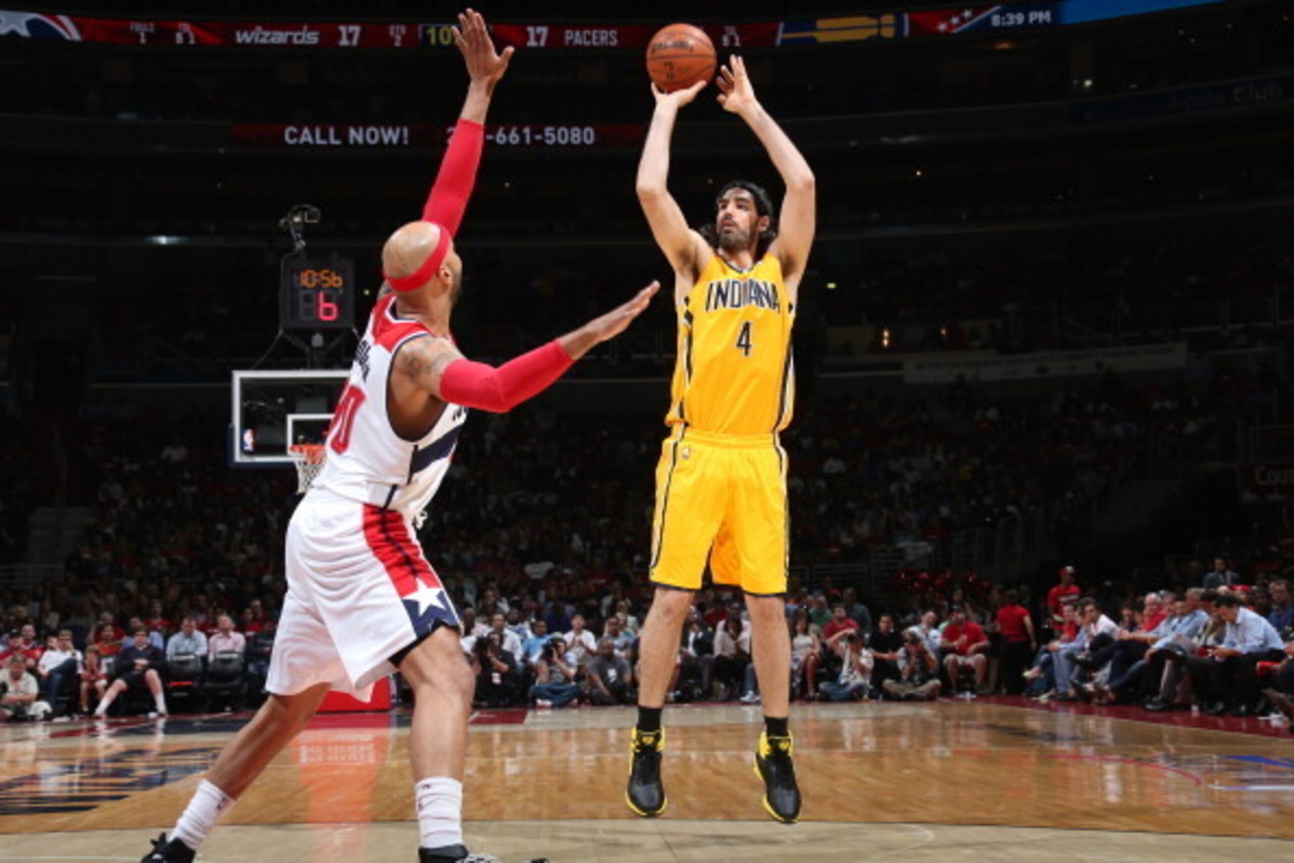 INDIANAPOLIS, IND - MAY 9: Luis Scola #4 of the Indiana Pacers shoots the ball against the Washington Wizards in Game Three of the Eastern Conference Semi-Finals during the 2014 NBA Playoffs at the Verizon Center on May 9, 2014 in Washington, DC.  NOTE TO