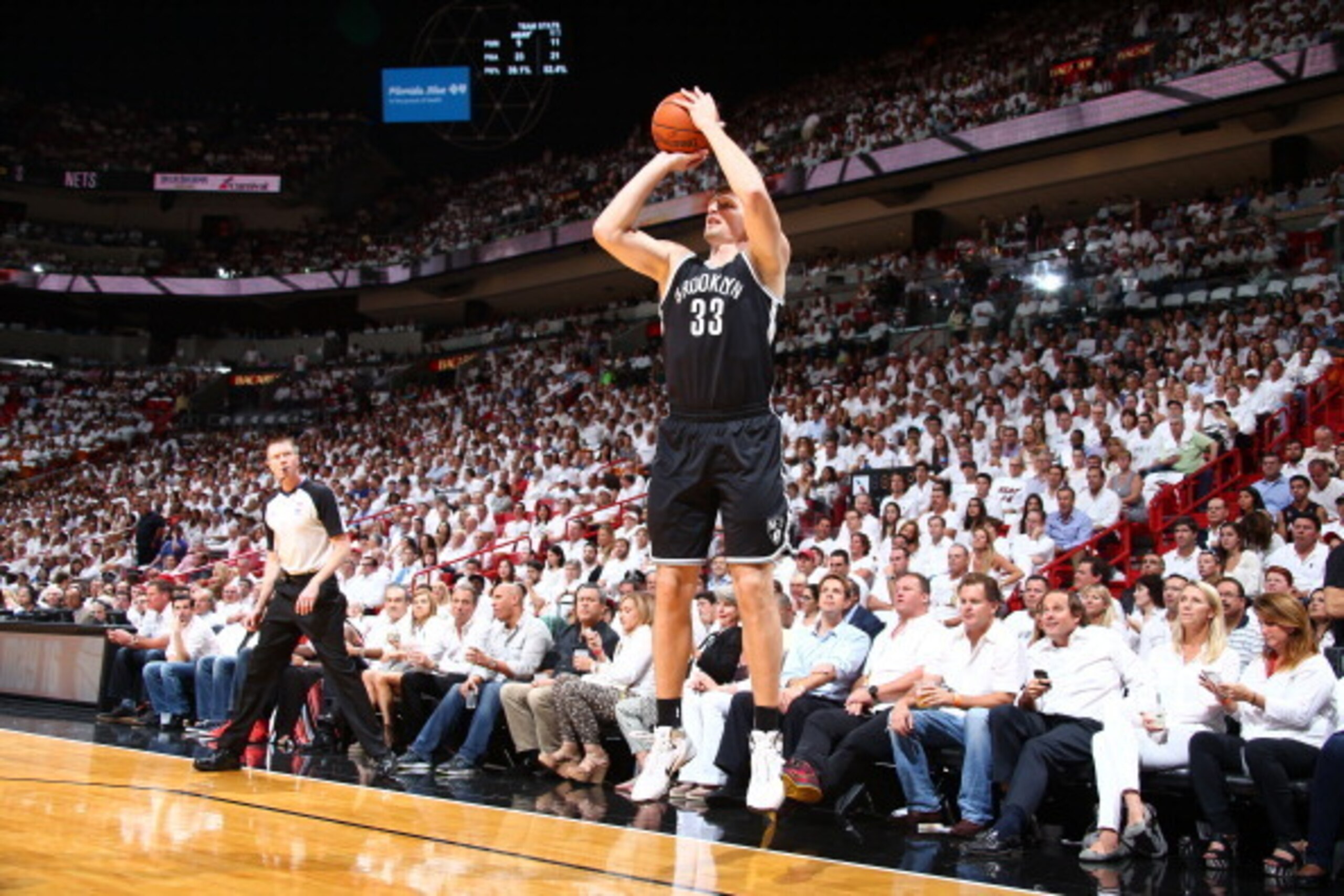 MIAMI, FL - MAY 8: Mirza Teletovic #33 of the Brooklyn Nets shoots the ball against the Miami Heat during Game Two of the Eastern Conference Semifinals of the 2014 NBA playoffs at American Airlines Arena in Miami, Florida on May 8, 2014.  NOTE TO USER: Us