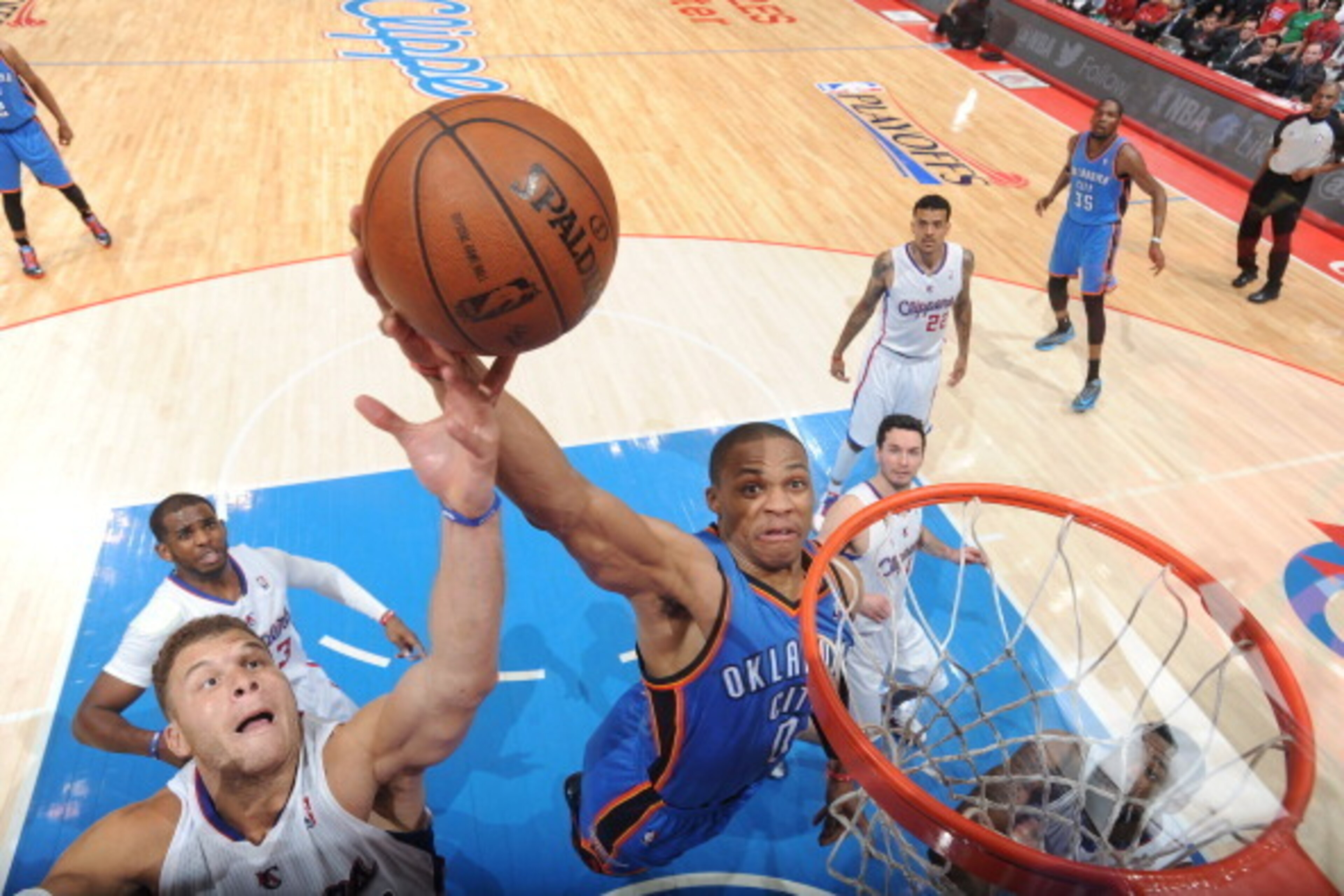 LOS ANGELES, CA - MAY 9: Russell Westbrook #0 of the Oklahoma City Thunder dunks against the Los Angeles Clippers in Game Three of the Western Conference Semifinals during the 2014 NBA Playoffs at Staples Center on May 9, 2014 in Los Angeles, California. LOS ANGELES, CA - MAY 9: Russell Westbrook #0 of the Oklahoma City Thunder dunks against the Los Angeles Clippers in Game Three of the Western Conference Semifinals during the 2014 NBA Playoffs at Staples Center on May 9, 2014 in Los Angeles, California.