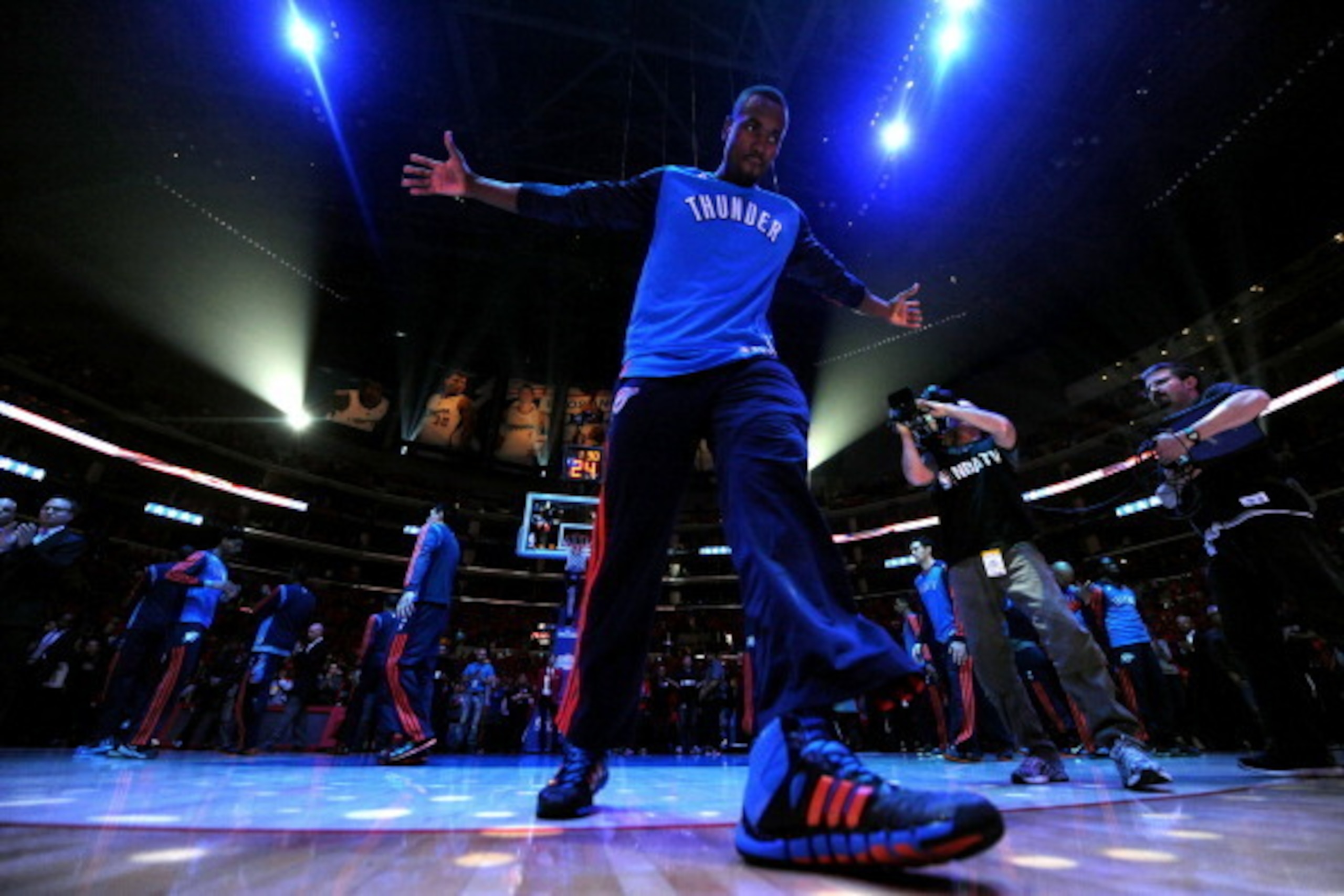 LOS ANGELES, CA - MAY 9: Serge Ibaka #9 of the Oklahoma City Thunder stands on the court before a game against the Oklahoma City Thunder Game Three of the Western Conference Semifinals during the 2014 NBA Playoffs at Staples Center on May 9, 2014 in Los A