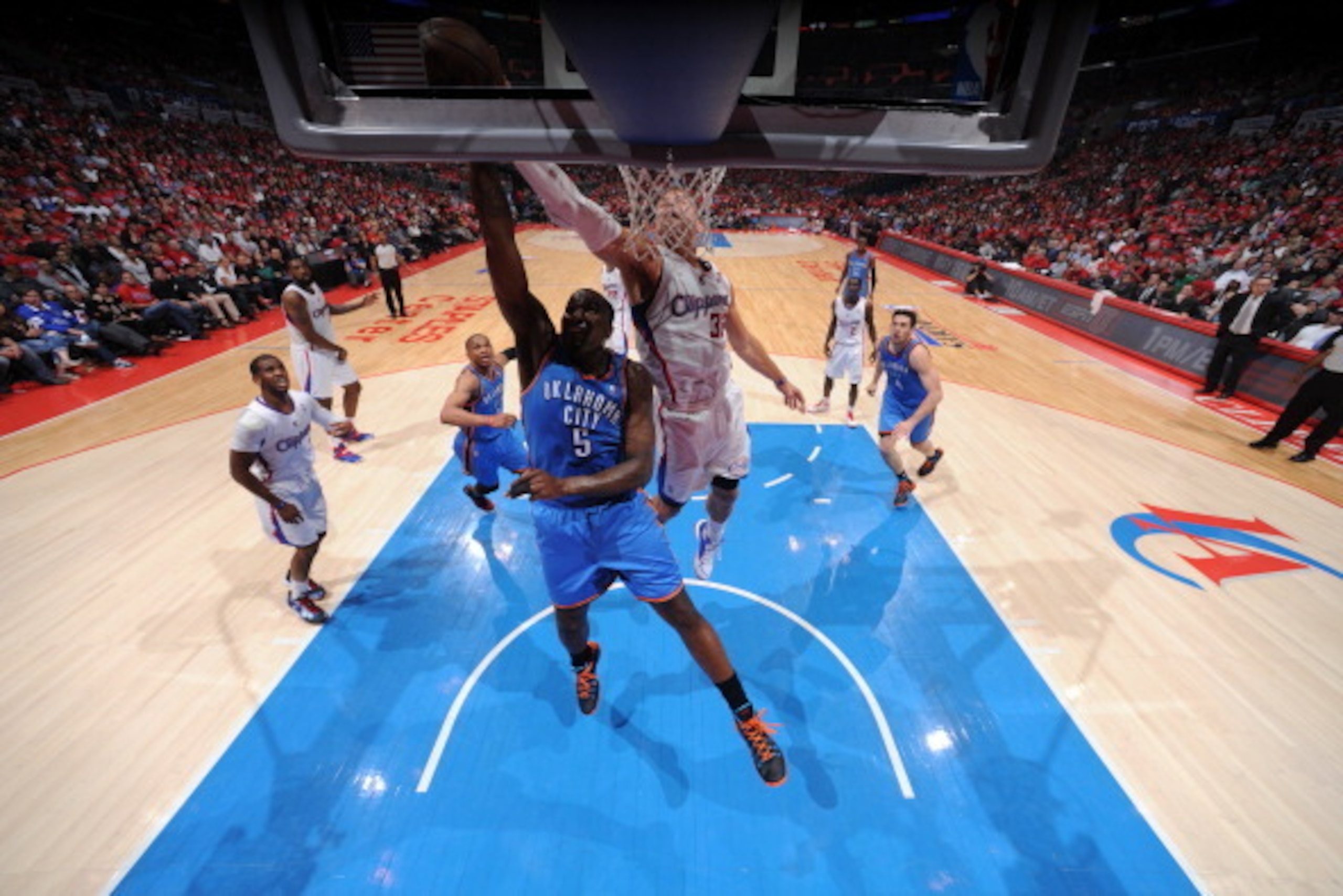LOS ANGELES, CA - MAY 9: Kendrick Perkins #5 of the Oklahoma City Thunder shoots against the Los Angeles Clippers in Game Three of the Western Conference Semifinals during the 2014 NBA Playoffs at Staples Center on May 9, 2014 in Los Angeles, California. 