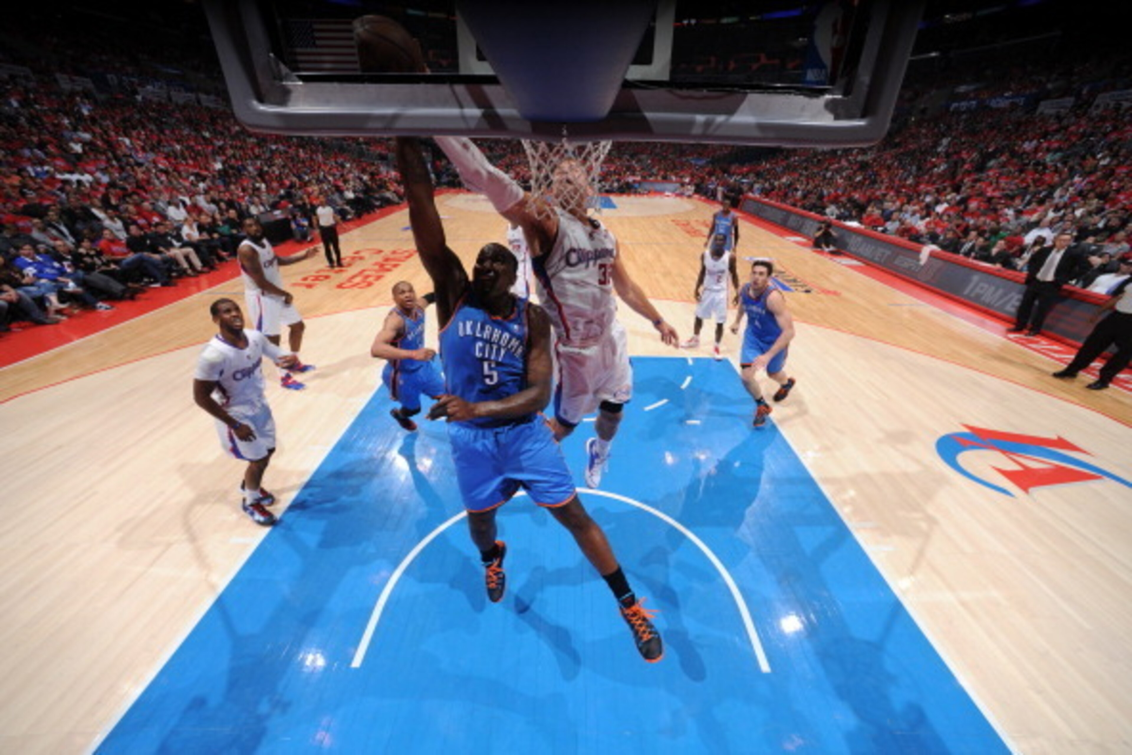 LOS ANGELES, CA - MAY 9: Kendrick Perkins #5 of the Oklahoma City Thunder shoots against the Los Angeles Clippers in Game Three of the Western Conference Semifinals during the 2014 NBA Playoffs at Staples Center on May 9, 2014 in Los Angeles, California. LOS ANGELES, CA - MAY 9: Kendrick Perkins #5 of the Oklahoma City Thunder shoots against the Los Angeles Clippers in Game Three of the Western Conference Semifinals during the 2014 NBA Playoffs at Staples Center on May 9, 2014 in Los Angeles, California.