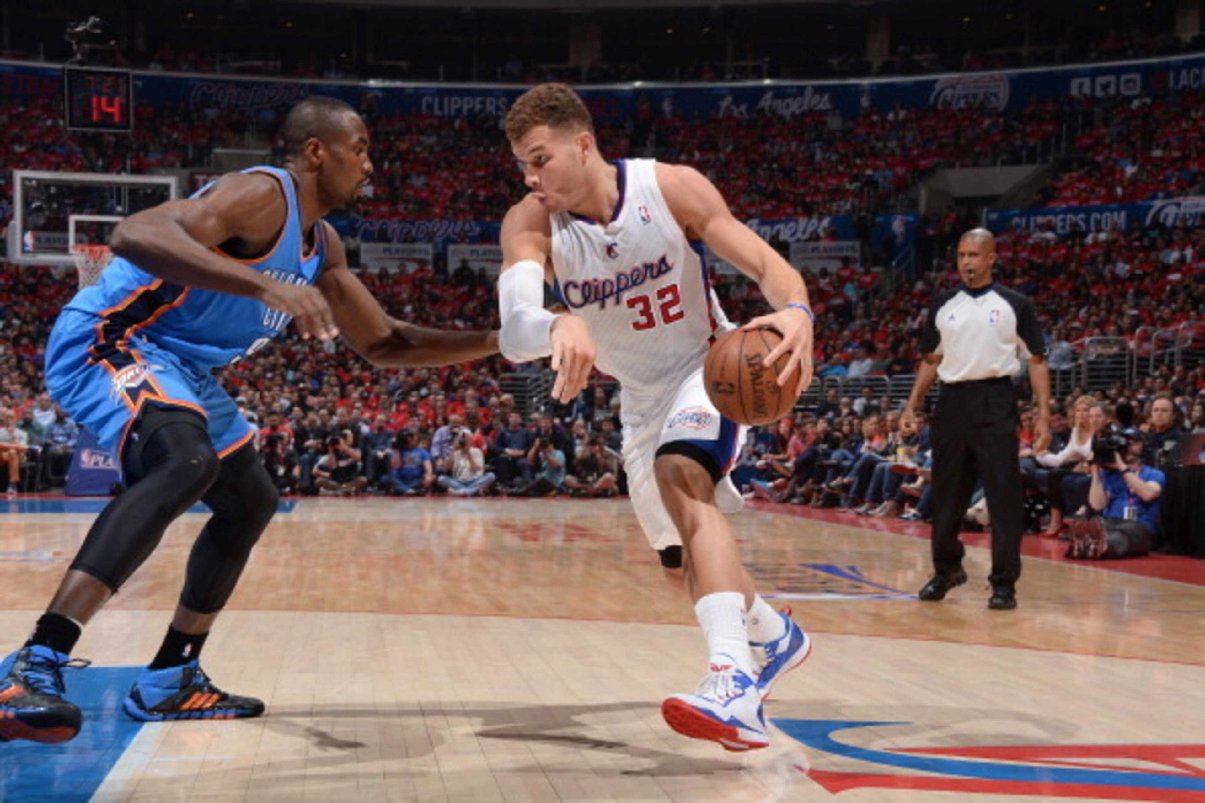 LOS ANGELES, CA - MAY 9: Blake Griffin #32 of the Los Angeles Clippers drives against the Oklahoma City Thunder in Game Three of the Western Conference Semifinals during the 2014 NBA Playoffs at Staples Center on May 9, 2014 in Los Angeles, California. NO LOS ANGELES, CA - MAY 9: Blake Griffin #32 of the Los Angeles Clippers drives against the Oklahoma City Thunder in Game Three of the Western Conference Semifinals during the 2014 NBA Playoffs at Staples Center on May 9, 2014 in Los Angeles, California. NO