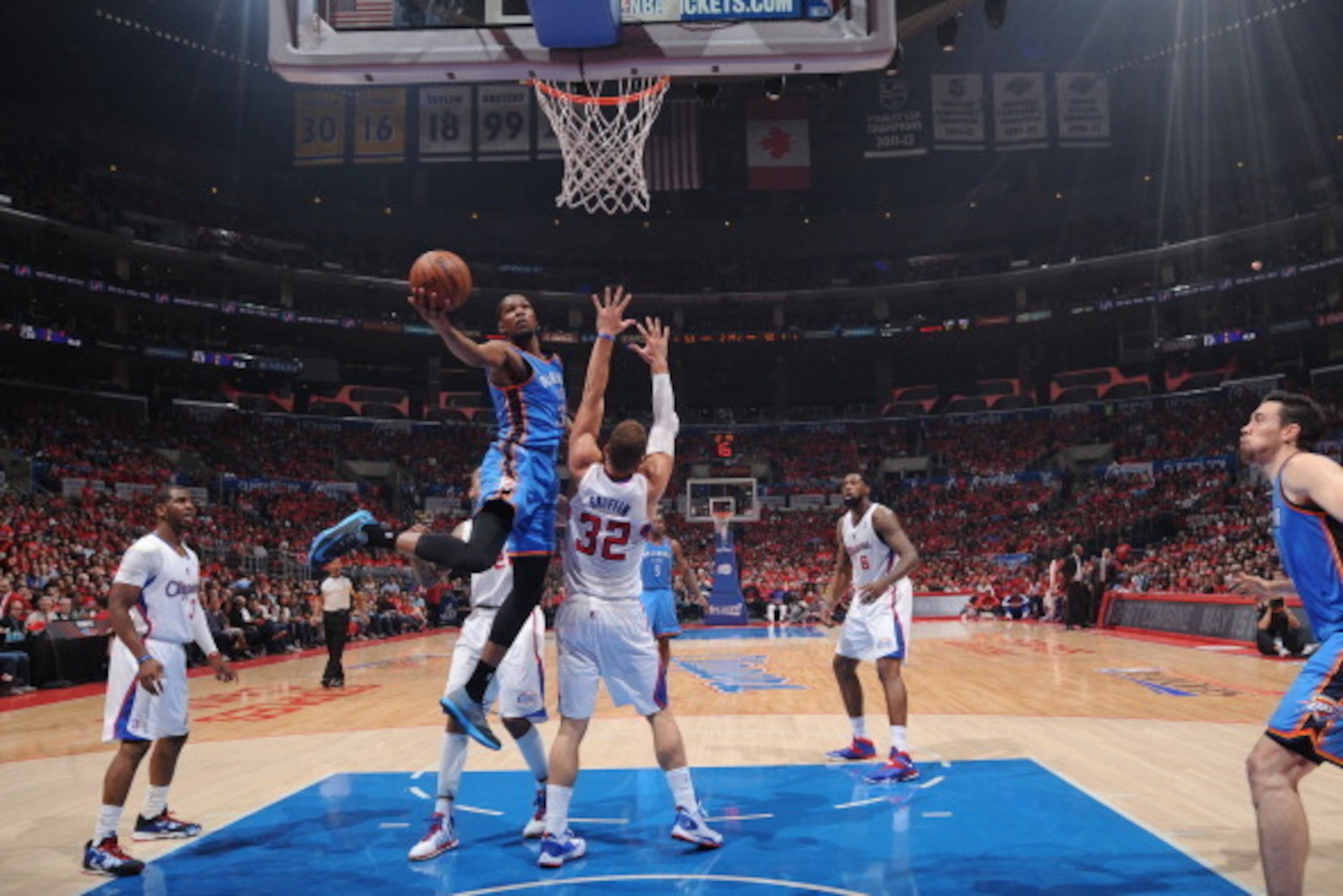 LOS ANGELES, CA - MAY 9: Kevin Durant #35 of the Oklahoma City Thunder shoots against the Los Angeles Clippers in Game Three of the Western Conference Semifinals during the 2014 NBA Playoffs at Staples Center on May 9, 2014 in Los Angeles, California. NOT