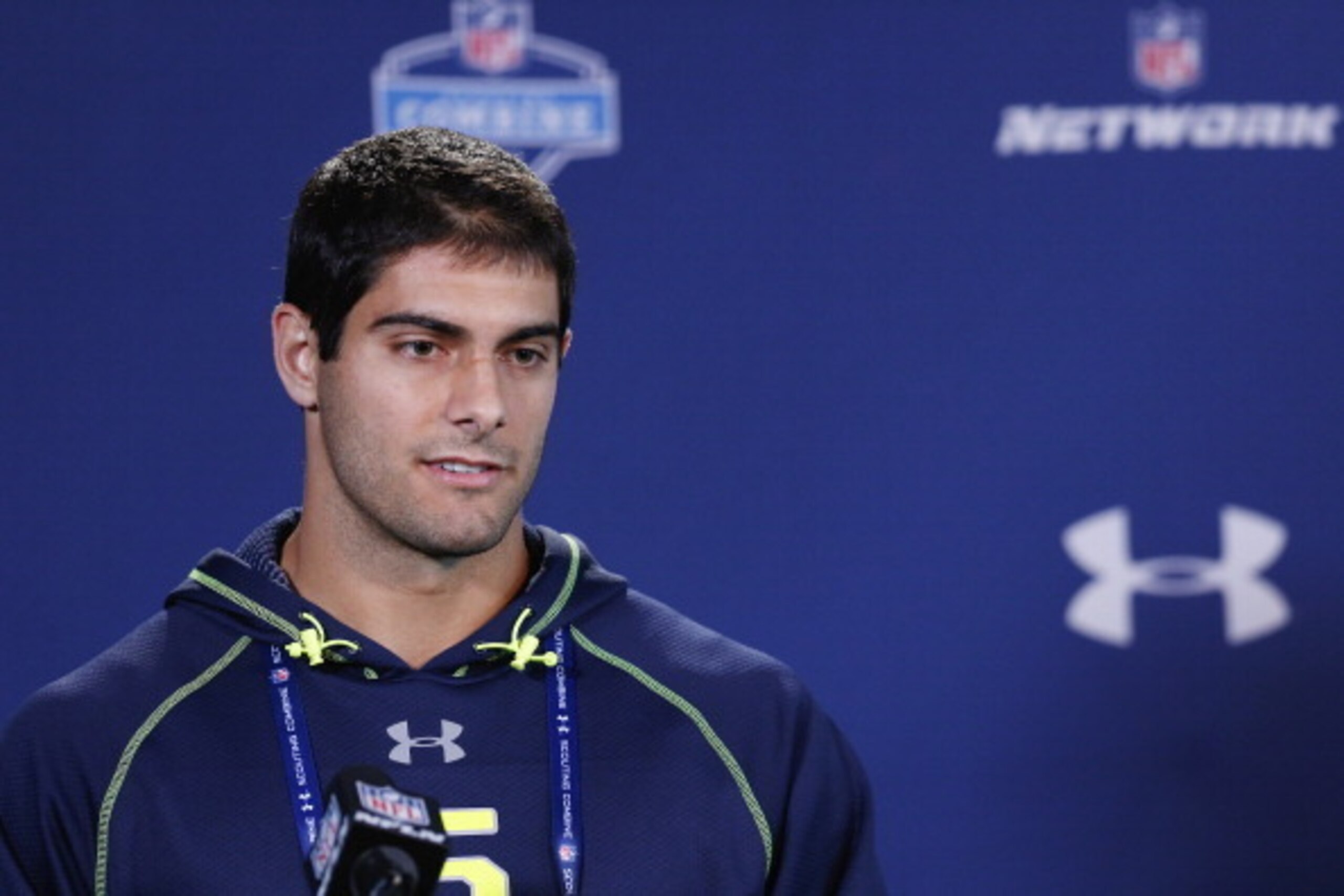 INDIANAPOLIS, IN - FEBRUARY 21: Former Eastern Illinois quarterback Jimmy Garoppolo speaks to the media during the 2014 NFL Combine at Lucas Oil Stadium on February 21, 2014 in Indianapolis, Indiana. (Photo by Joe Robbins/Getty Images)