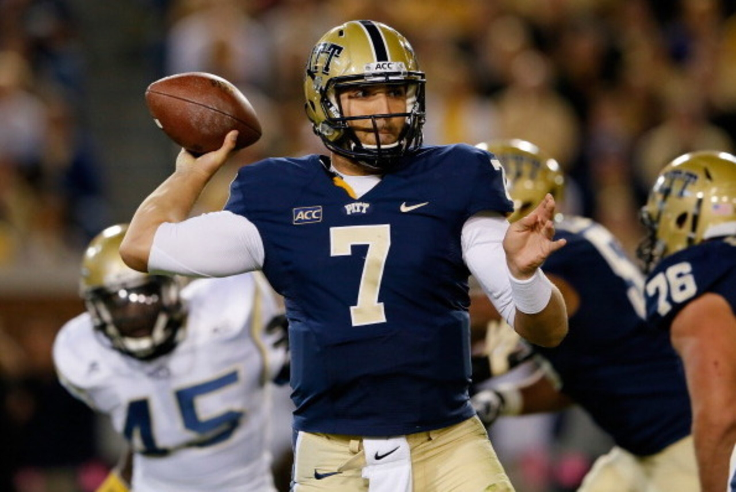 ATLANTA, GA - NOVEMBER 02:  Tom Savage #7 of the Pittsburgh Panthers looks to pass against the Georgia Tech Yellow Jackets at Bobby Dodd Stadium on November 2, 2013 in Atlanta, Georgia.  (Photo by Kevin C. Cox/Getty Images)