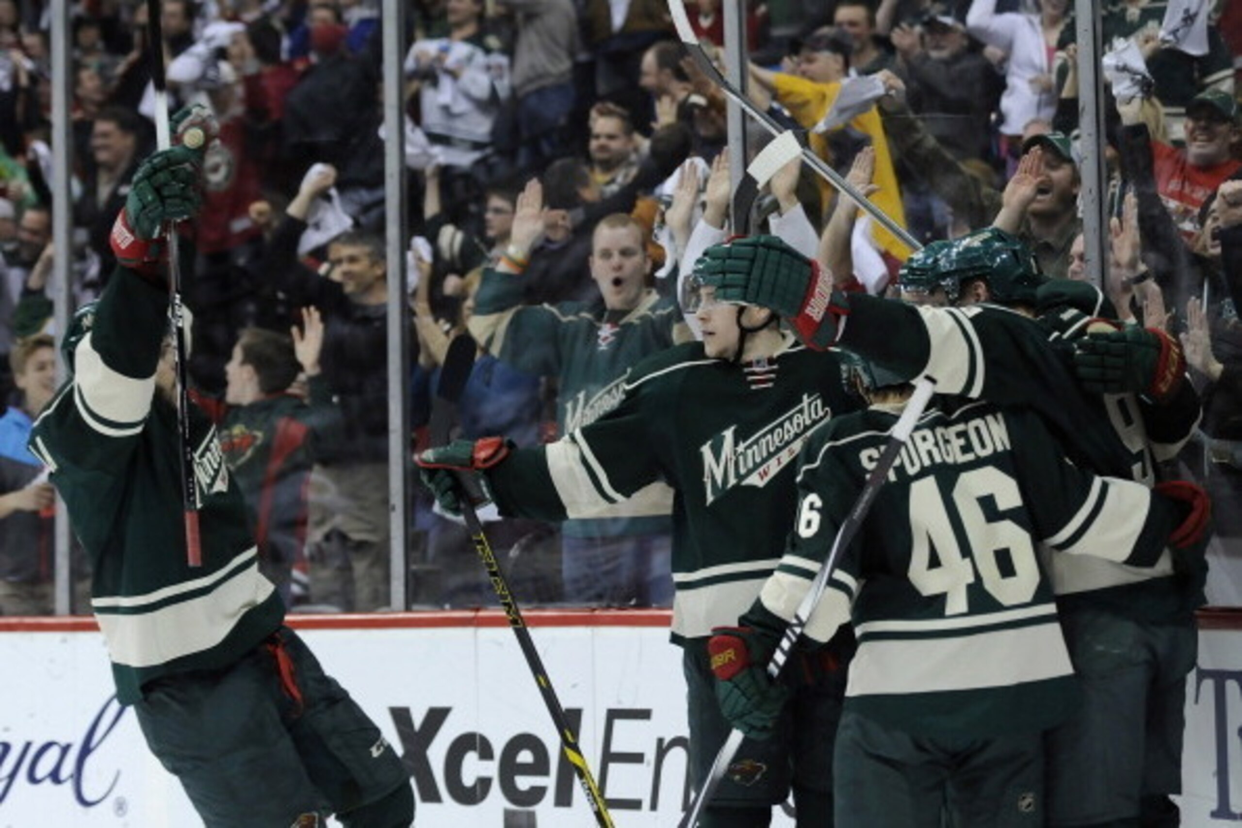 ST PAUL, MN - MAY 9: The Minnesota Wild celebrate scoring a goal against the Chicago Blackhawks by Nino Niederreiter #22 during the second period in Game Four of the Second Round of the 2014 NHL Stanley Cup Playoffs on May 9, 2014 at Xcel Energy Center in
