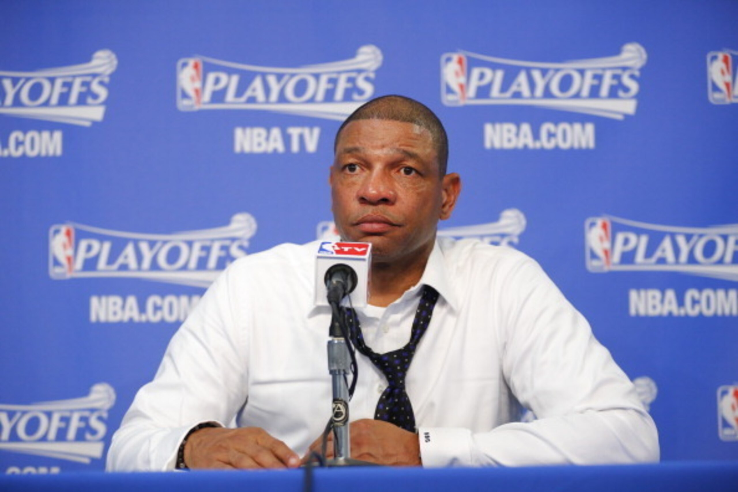 OAKLAND, CA - MAY 1: Head coach Doc Rivers of the Los Angeles Clippers speaks to the media after losing to the Golden State Warriors in Game Six of the Western Conference Quarterfinals during the 2014 NBA Playoffs at Oracle Arena on May 1, 2014 in Oakland