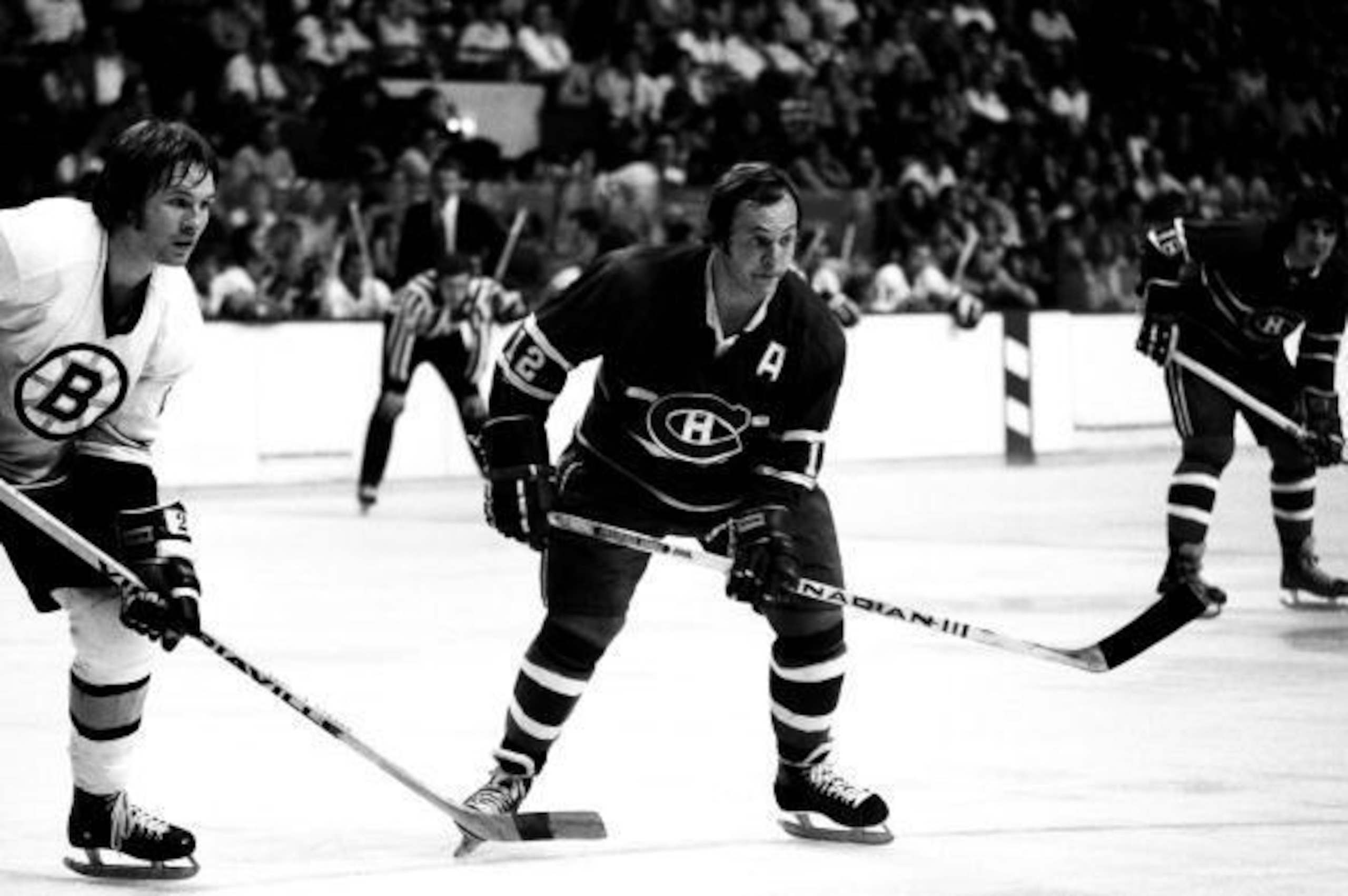 BOSTON, MA. - 1970's: Yvan Cournoyer #12 of the Montreal Canadiens plays against the Boston Bruins .  (Photo by Steve Babineau/NHLI via Getty Images)