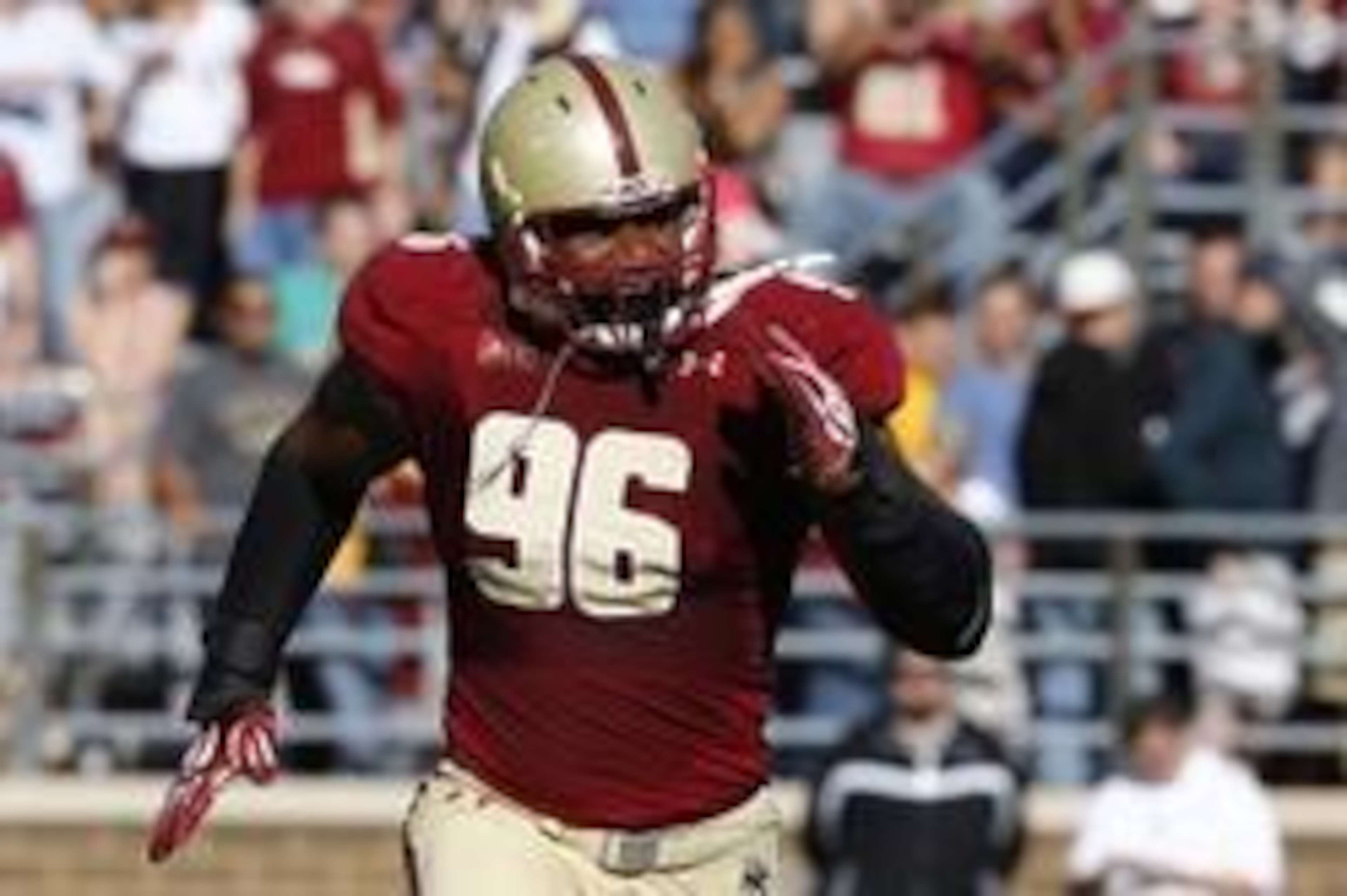 Sep 28, 2013; Boston, MA, USA; Boston College Eagles defensive lineman Kaleb Ramsey (96) celebrates after a sack against the Florida State Seminoles during the first half at Alumni Stadium. Mandatory Credit: Mark L. Baer-USA TODAY Sports
