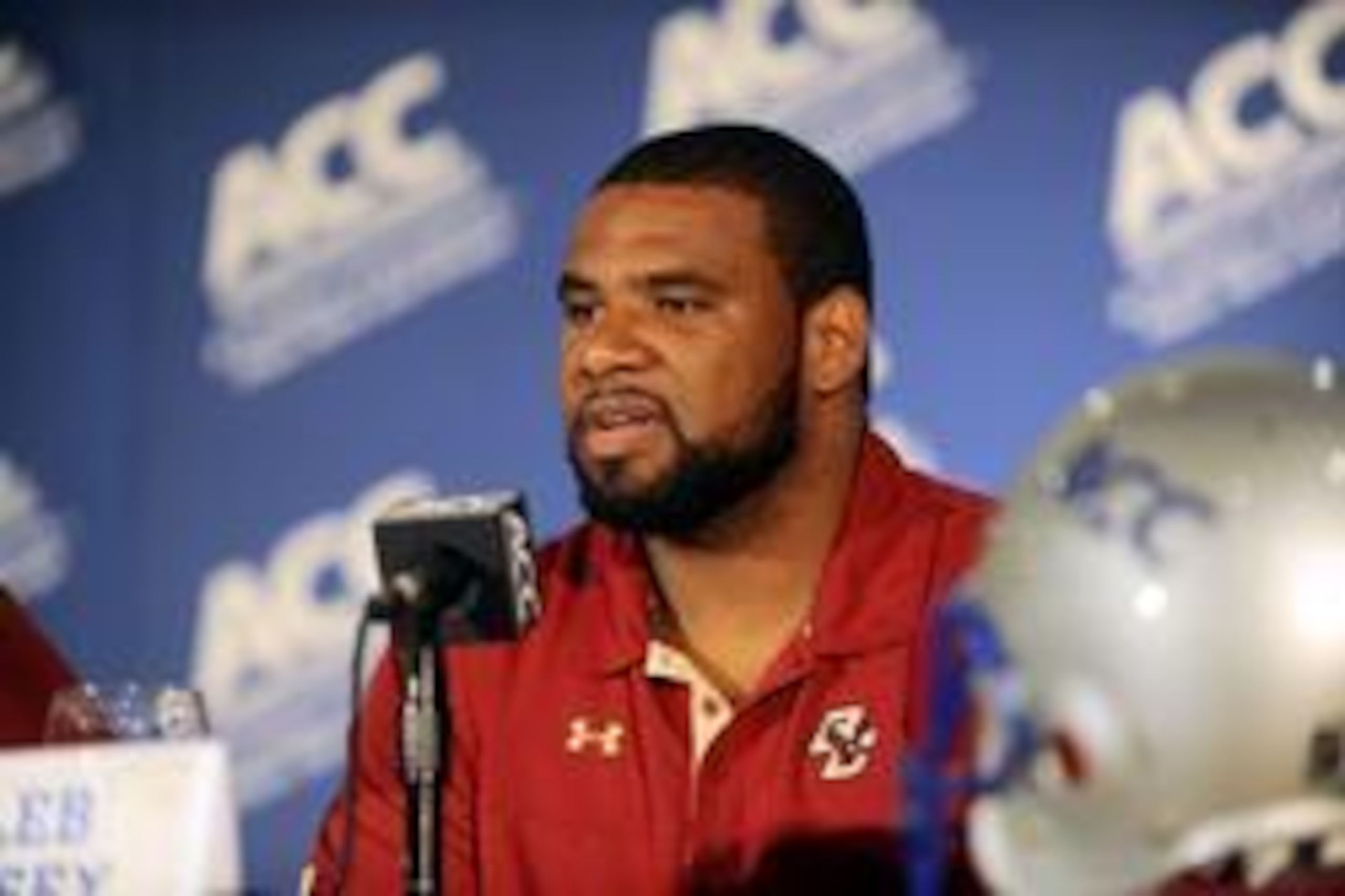 July 22, 2012; Greensboro, NC, USA; Boston College Eagles defensive tackle Kaleb Ramsey talks to the media during ACC media day at the Grandover Resort in Greensboro NC. Mandatory Credit: Sam Sharpe-USA TODAY Sports