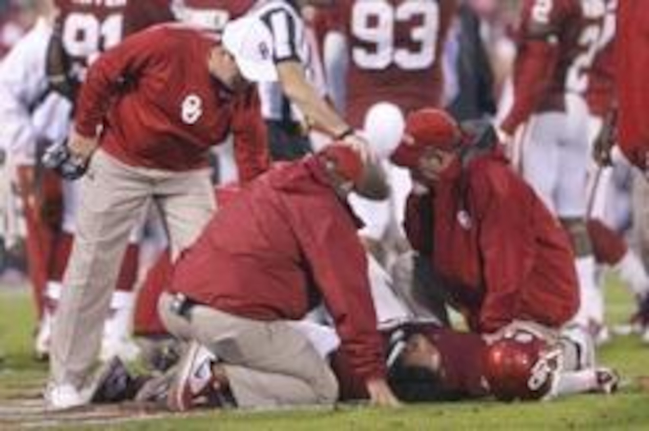 Oct 26, 2013; Norman, OK, USA; Oklahoma Sooners player Trey Millard is injured after a play against the Texas Tech Red Raiders during the fourth quarter at Gaylord Family - Oklahoma Memorial Stadium. Oklahoma won 38-30.  Mandatory Credit: Alonzo Adams-USA