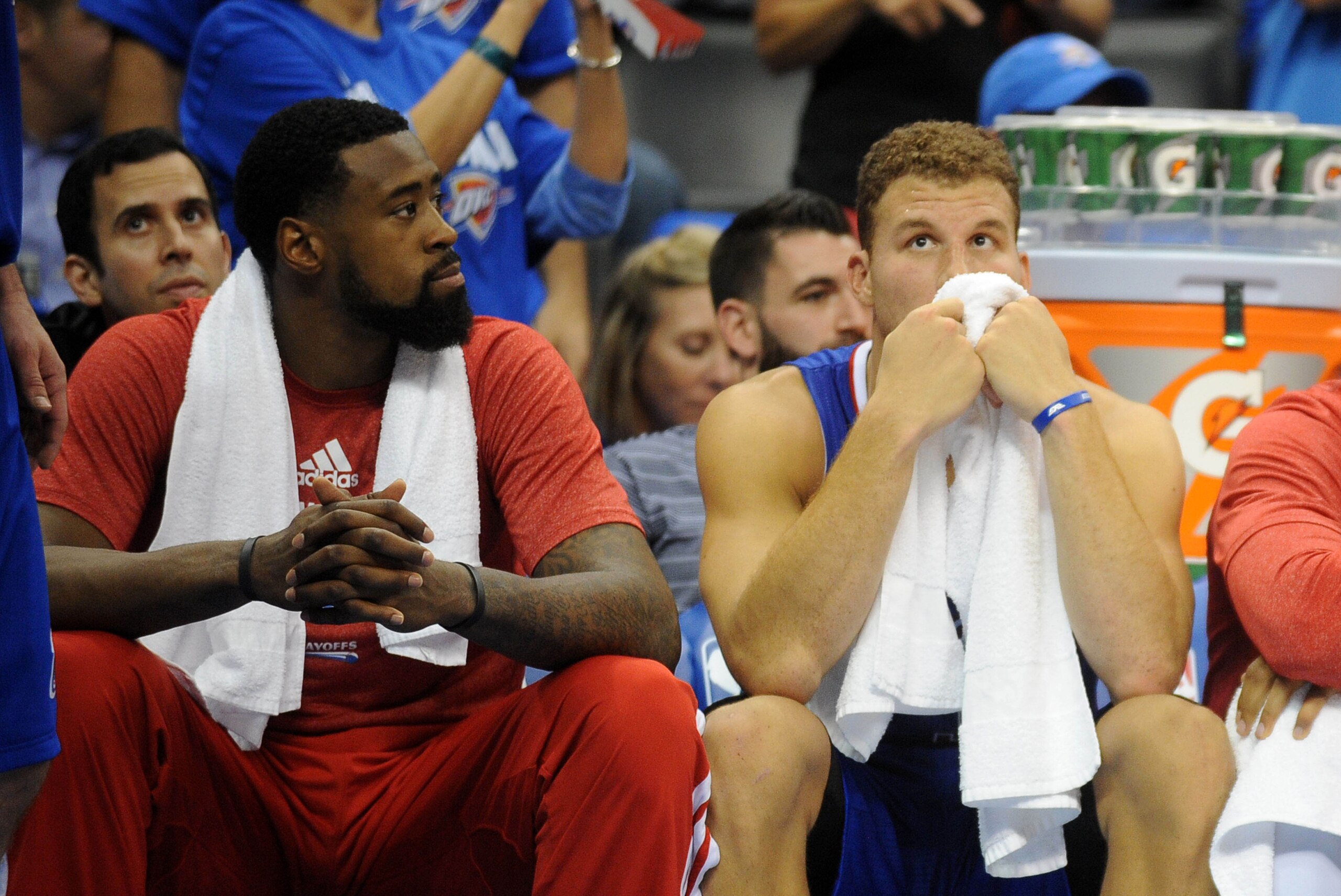 May 7, 2014; Oklahoma City, OK, USA; Los Angeles Clippers center DeAndre Jordan (6) and Los Angeles Clippers forward Blake Griffin (32) react to play against the OKlahoma City Thunder during the fourth quarter in game two of the second round of the 2014 N