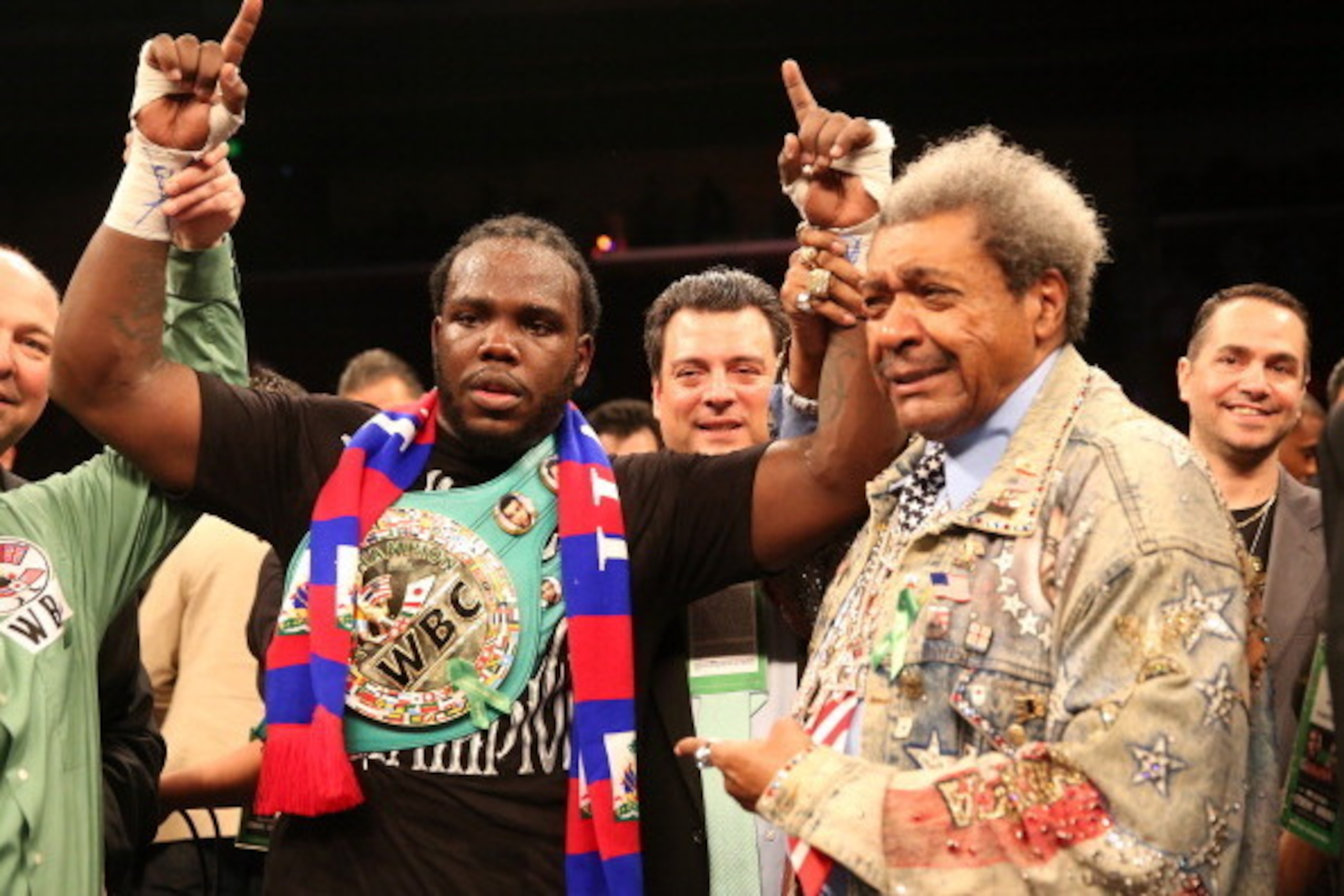 LOS ANGELES, CA - MAY 10:  Bermane Stiverne and promoter Don King pose for photos after Stiverne defeated Chris Arreola in their WBC Heavyweight Championship match at Galen Center on May 10, 2014 in Los Angeles, California.  Stiverne won in a six round te