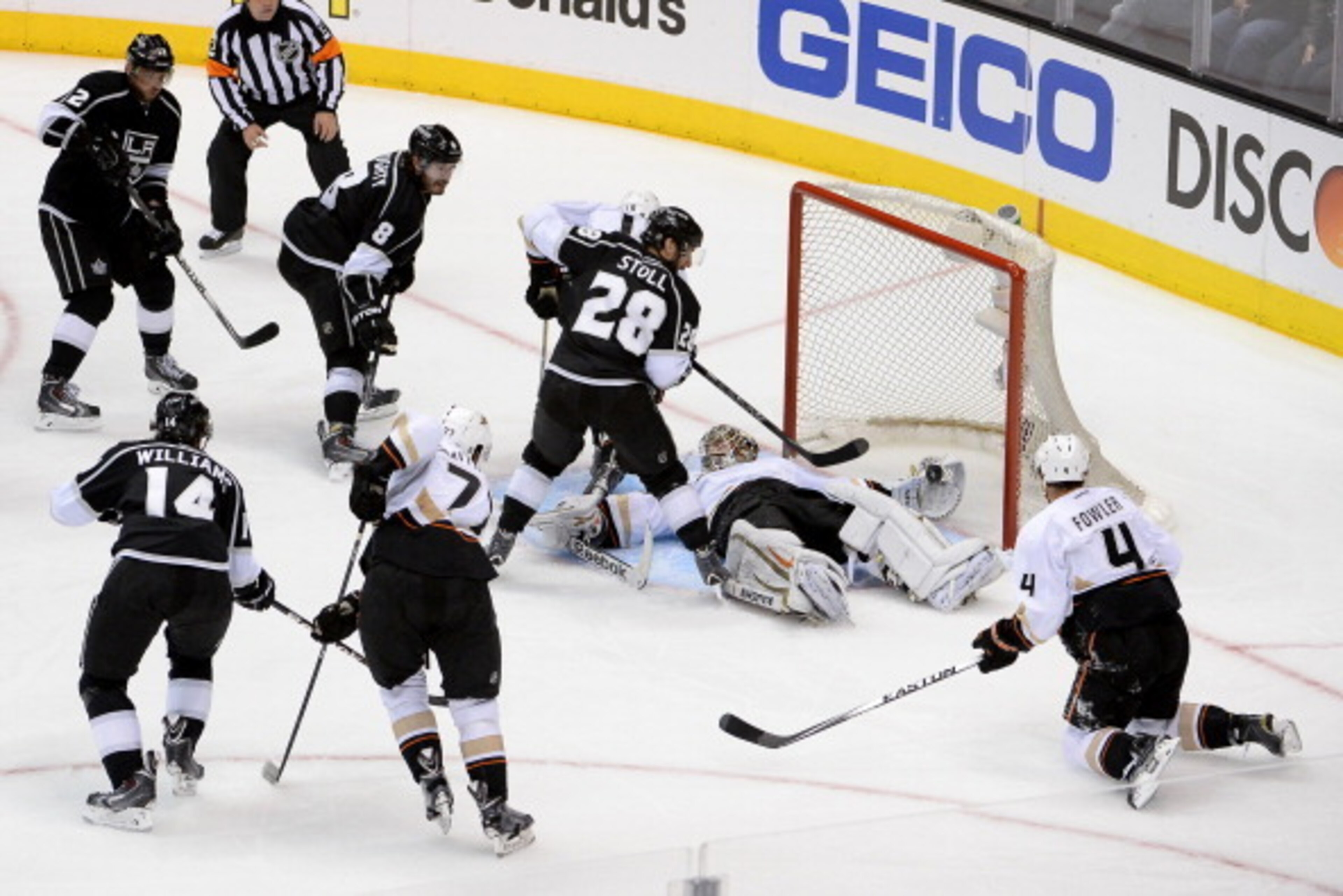 LOS ANGELES, CA - MAY 10: John Gibson #36 of the Anaheim Ducks makes the save against the Los Angeles Kings in Game Four of the Second Round of the 2014 Stanley Cup Playoffs at Staples Center on May 10, 2014 in Los Angeles, California. (Photo by Andrew D. LOS ANGELES, CA - MAY 10: John Gibson #36 of the Anaheim Ducks makes the save against the Los Angeles Kings in Game Four of the Second Round of the 2014 Stanley Cup Playoffs at Staples Center on May 10, 2014 in Los Angeles, California. (Photo by Andrew D.