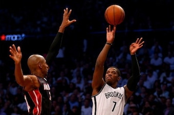 NEW YORK, NY - MAY 10:  Joe Johnson #7 of the Brooklyn Nets shoots a three pointer as Ray Allen #34 of the Miami Heat defends in Game Three of the Eastern Conference Semifinals during the 2014 NBA Playoffs at the Barclays Center on May 10, 2014 in the Bro