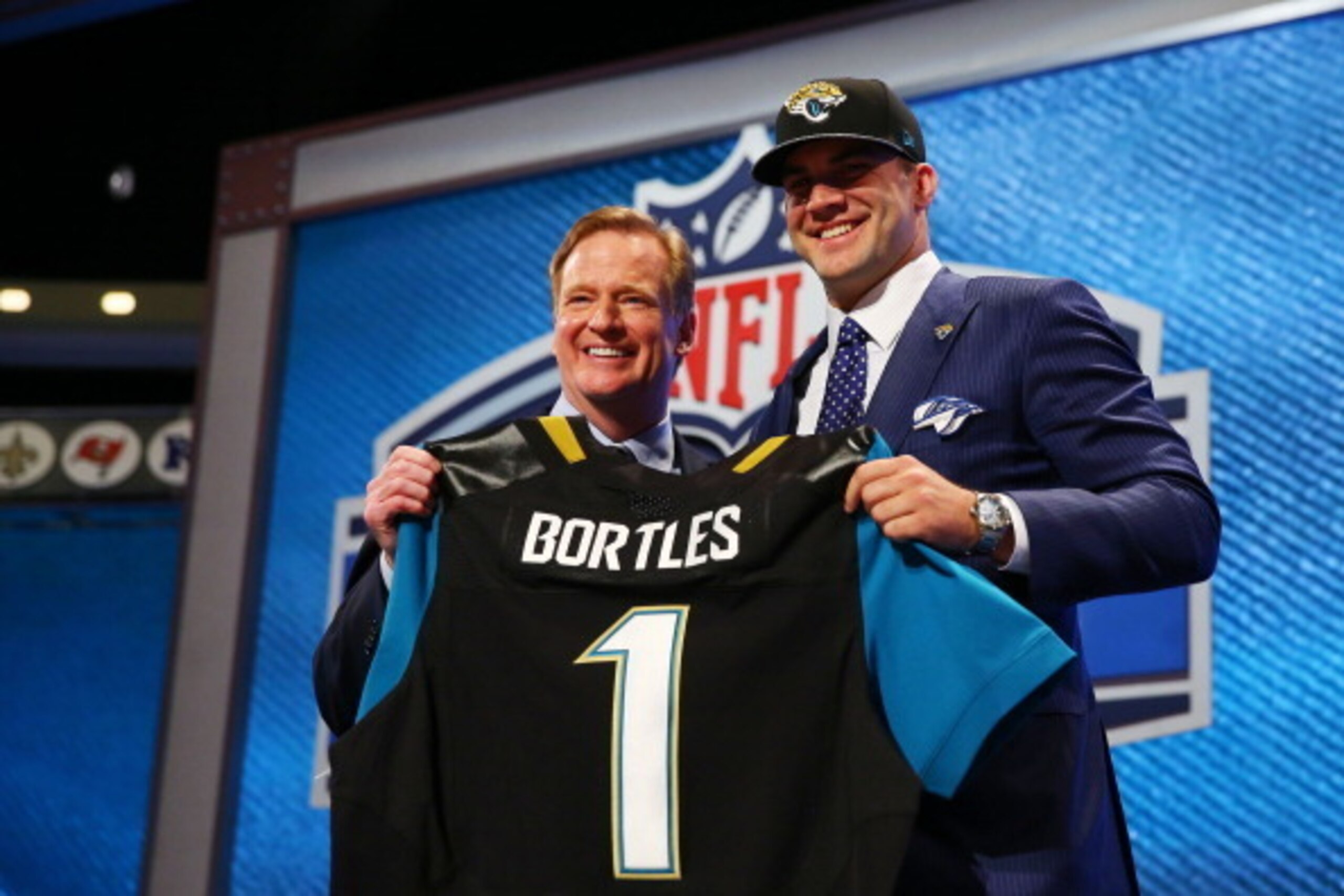 NEW YORK, NY - MAY 08:  Blake Bortles of the UCF Knights poses with NFL Commissioner Roger Goodell after he was picked #3 overall by the Jacksonville Jaguars during the first round of the 2014 NFL Draft at Radio City Music Hall on May 8, 2014 in New York 