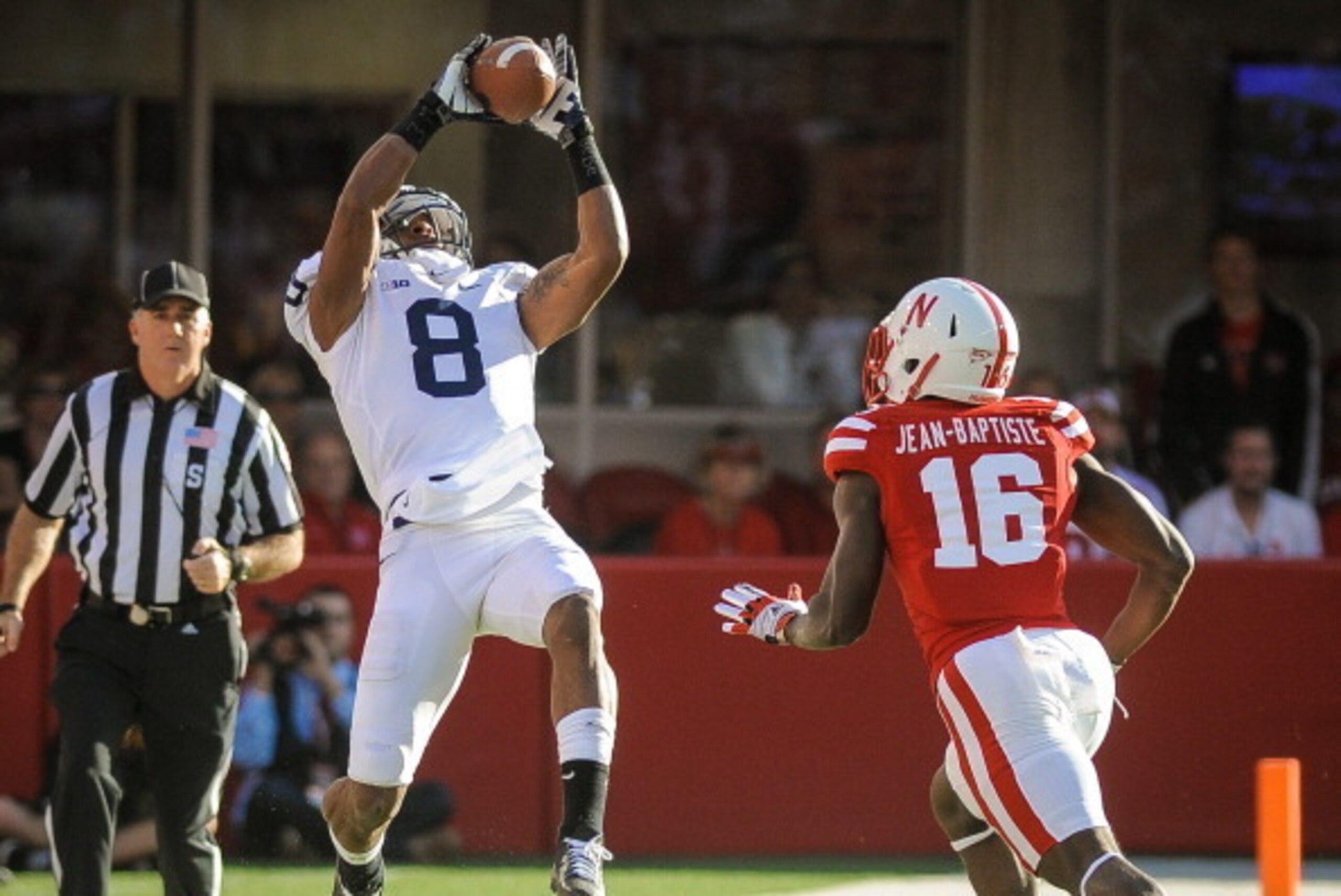 LINCOLN, NE - NOVEMBER 10: Wide receiver Allen Robinson #8 of the Penn State Nittany Lions catches a long 3rd down reception over cornerback Stanley Jean-Baptiste #16 of the Nebraska Cornhuskers during their game at Memorial Stadium on November 10, 2012 i