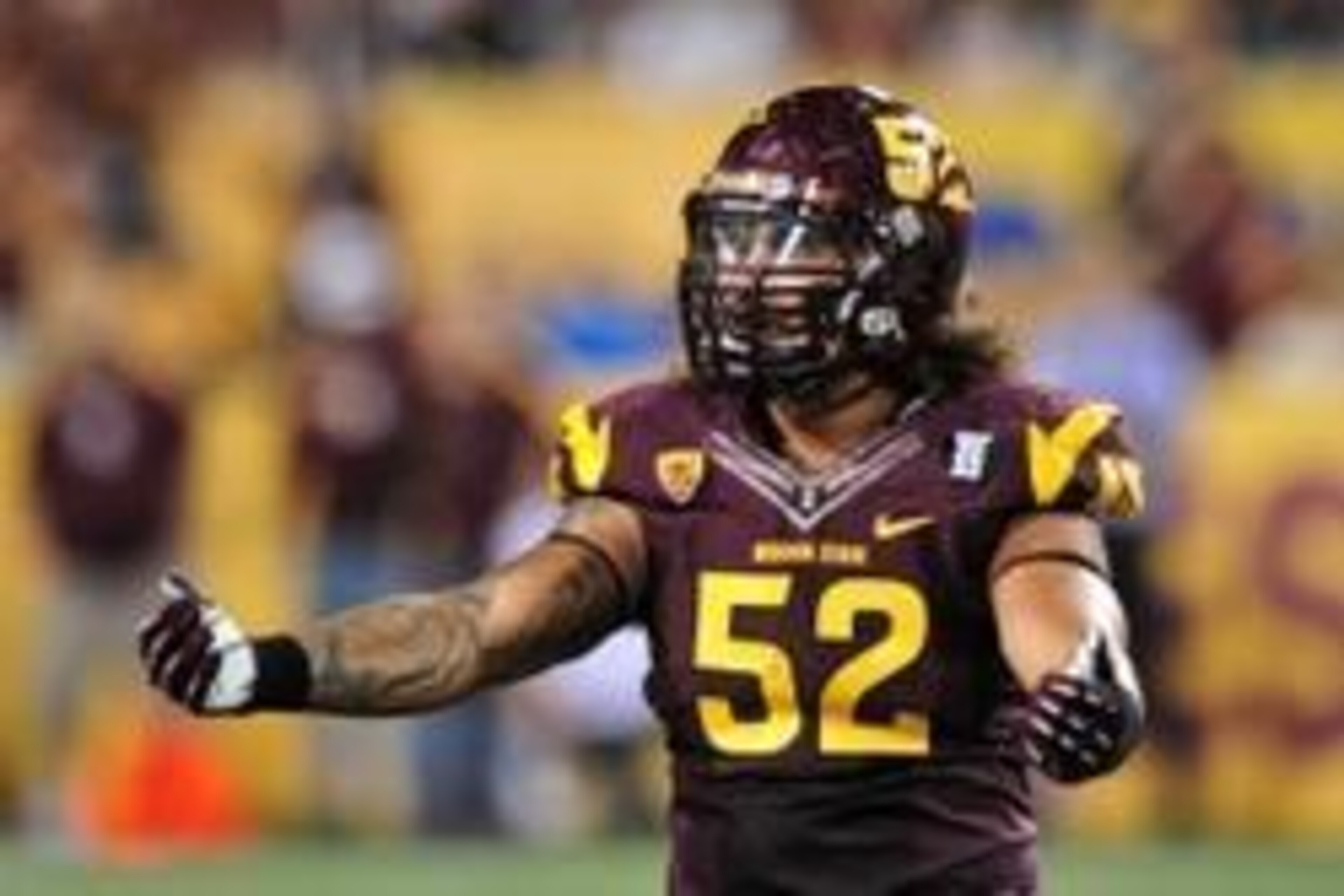 Sep 28, 2013; Tempe, AZ, USA; Arizona State Sun Devils linebacker Carl Bradford (52) during the game against the USC Trojans at Sun Devil Stadium. Mandatory Credit: Matt Kartozian-USA TODAY Sports