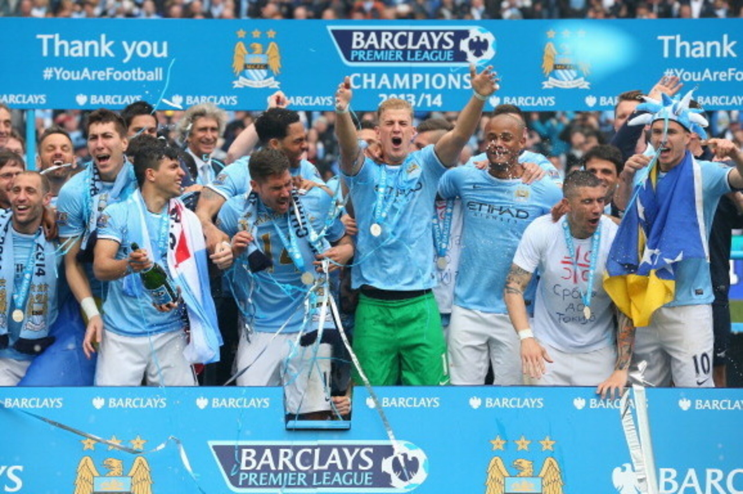 MANCHESTER, ENGLAND - MAY 11:  Joe Hart of Manchester City celebrates with his team-mates at the end of the Barclays Premier League match between Manchester City and West Ham United at the Etihad Stadium on May 11, 2014 in Manchester, England.  (Photo by 