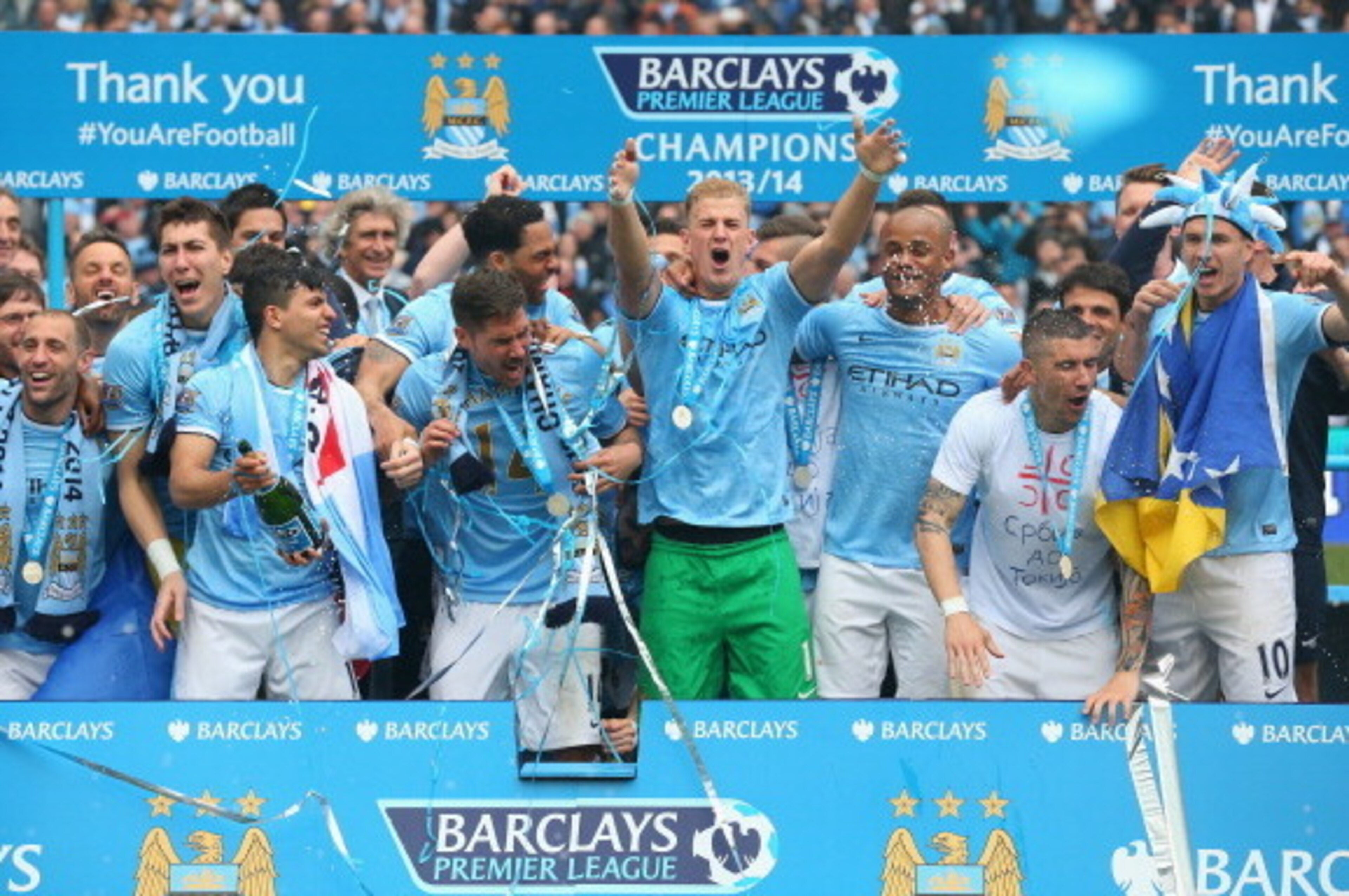 MANCHESTER, ENGLAND - MAY 11:  Joe Hart of Manchester City celebrates with his team-mates at the end of the Barclays Premier League match between Manchester City and West Ham United at the Etihad Stadium on May 11, 2014 in Manchester, England.  (Photo by 