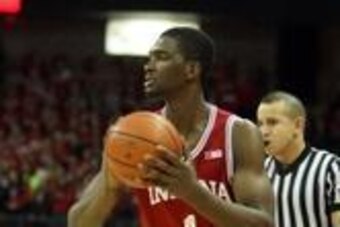 Feb 25, 2014; Madison, WI, USA; Indiana Hoosiers forward Noah Vonleh (1) looks to pass during the game with the Wisconsin Badgers at the Kohl Center. Wisconsin defeated Indiana 69-58. Mandatory Credit: Mary Langenfeld-USA TODAY Sports