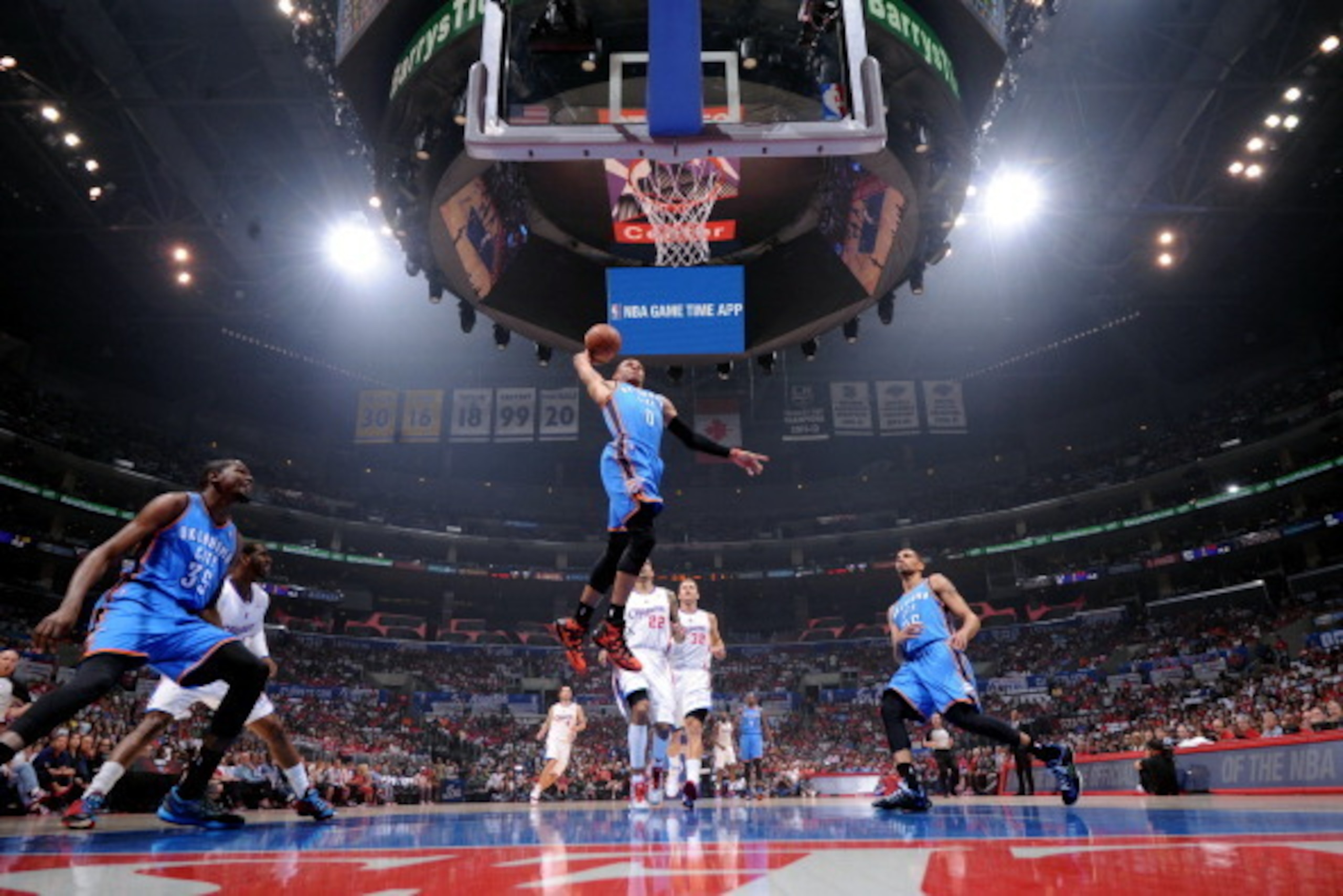 LOS ANGELES, CA - MAY 11: Russell Westbrook #0 of the Oklahoma City Thunder dunks against the Los Angeles Clippers in Game Four of the Western Conference Semifinals during the 2014 NBA Playoffs at Staples Center on May 11, 2014 in Los Angeles, California.