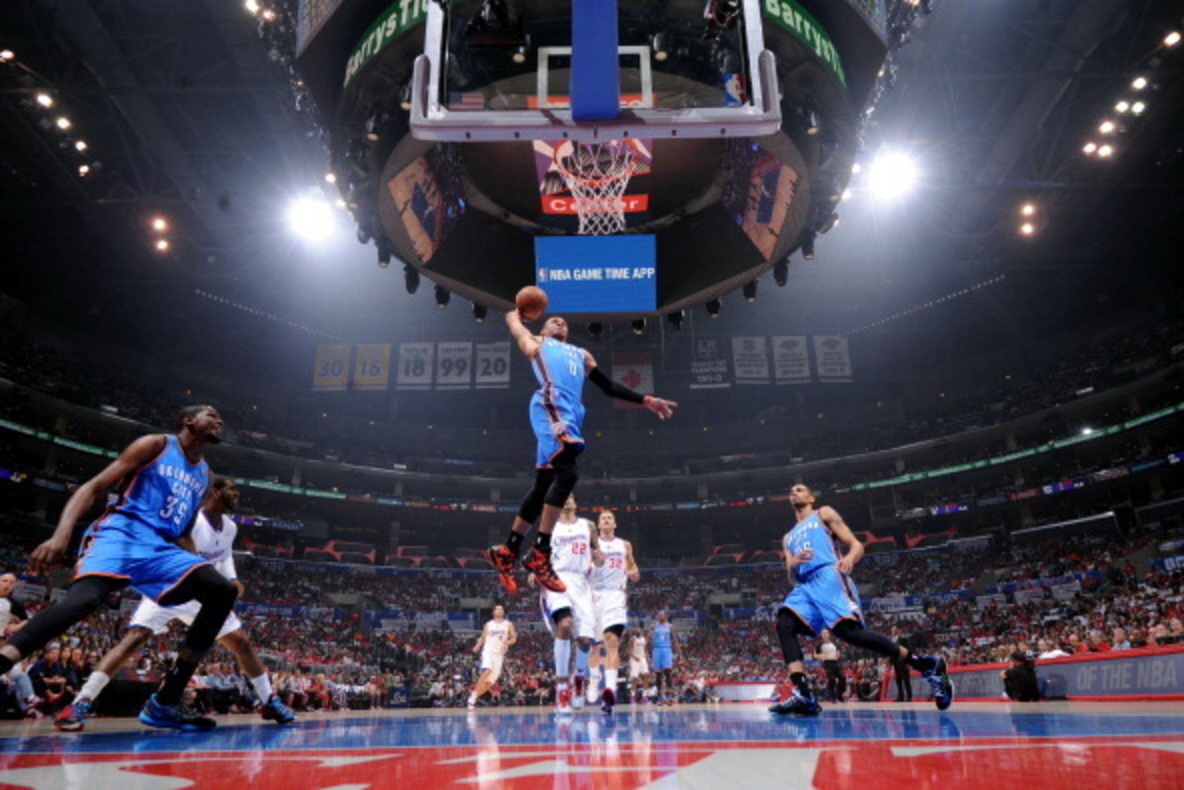 LOS ANGELES, CA - MAY 11: Russell Westbrook #0 of the Oklahoma City Thunder dunks against the Los Angeles Clippers in Game Four of the Western Conference Semifinals during the 2014 NBA Playoffs at Staples Center on May 11, 2014 in Los Angeles, California.